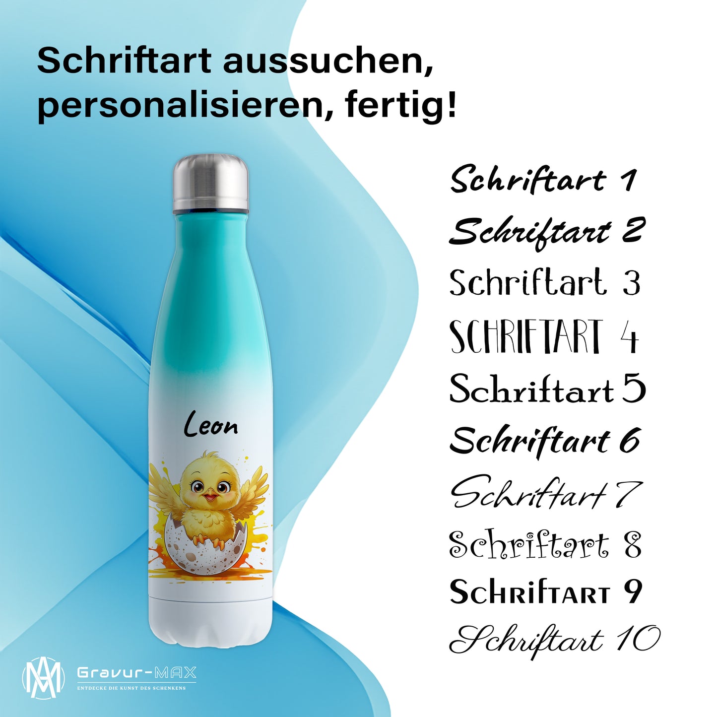 Trinkflasche in Weiß/Mint 500ml aus Edelstahl bedruckt mit niedlichen Tieren "Küken" personalisierbar für Kinder mit Wunschname