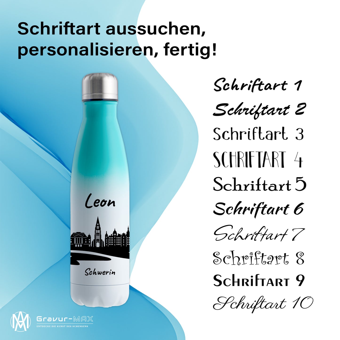Trinkflasche in Weiß/Mint 500ml aus Edelstahl bedruckt mit der Skyline von Schwerin personalisierbar mit Wunschname