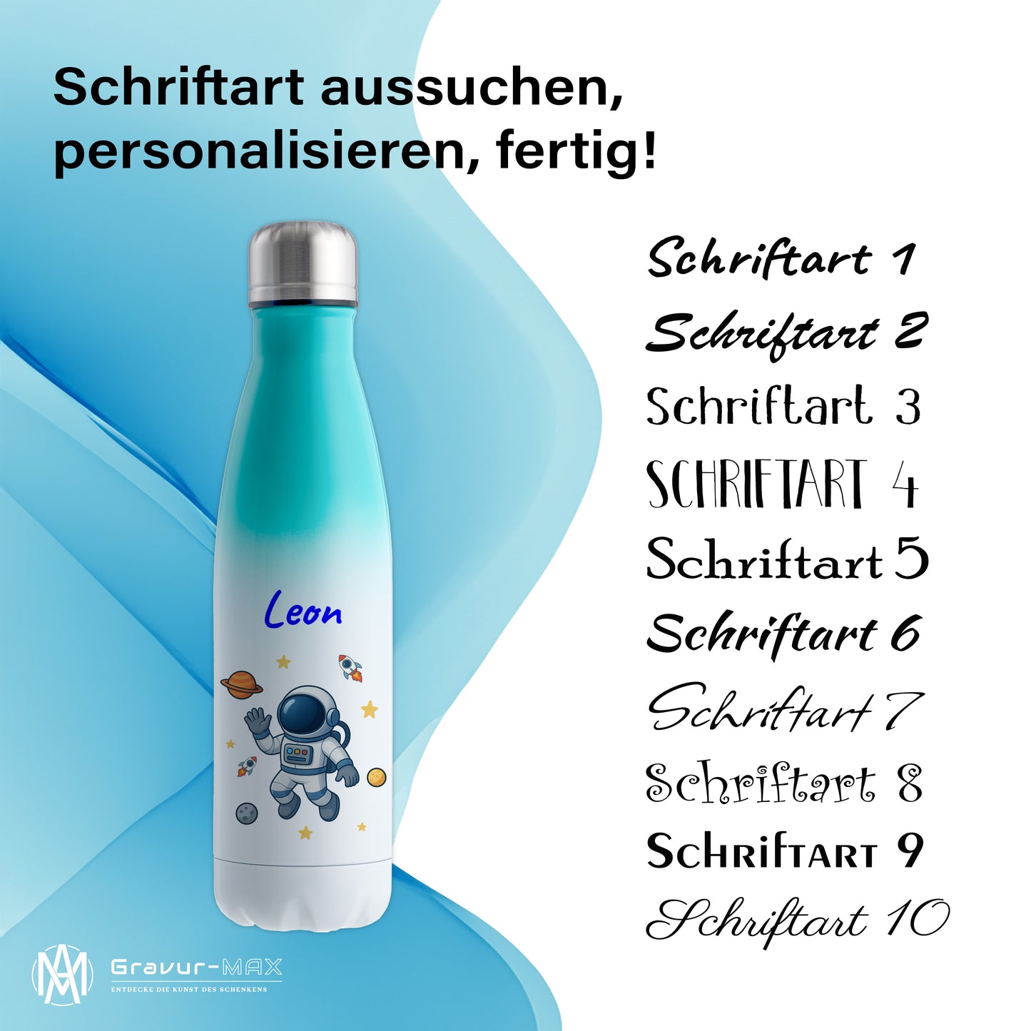 Thermoflasche 500ml in Weiß/Mint bedruckt mit tollen Motiven für Kinder "Astronaut" personalisierbar mit Wunschname
