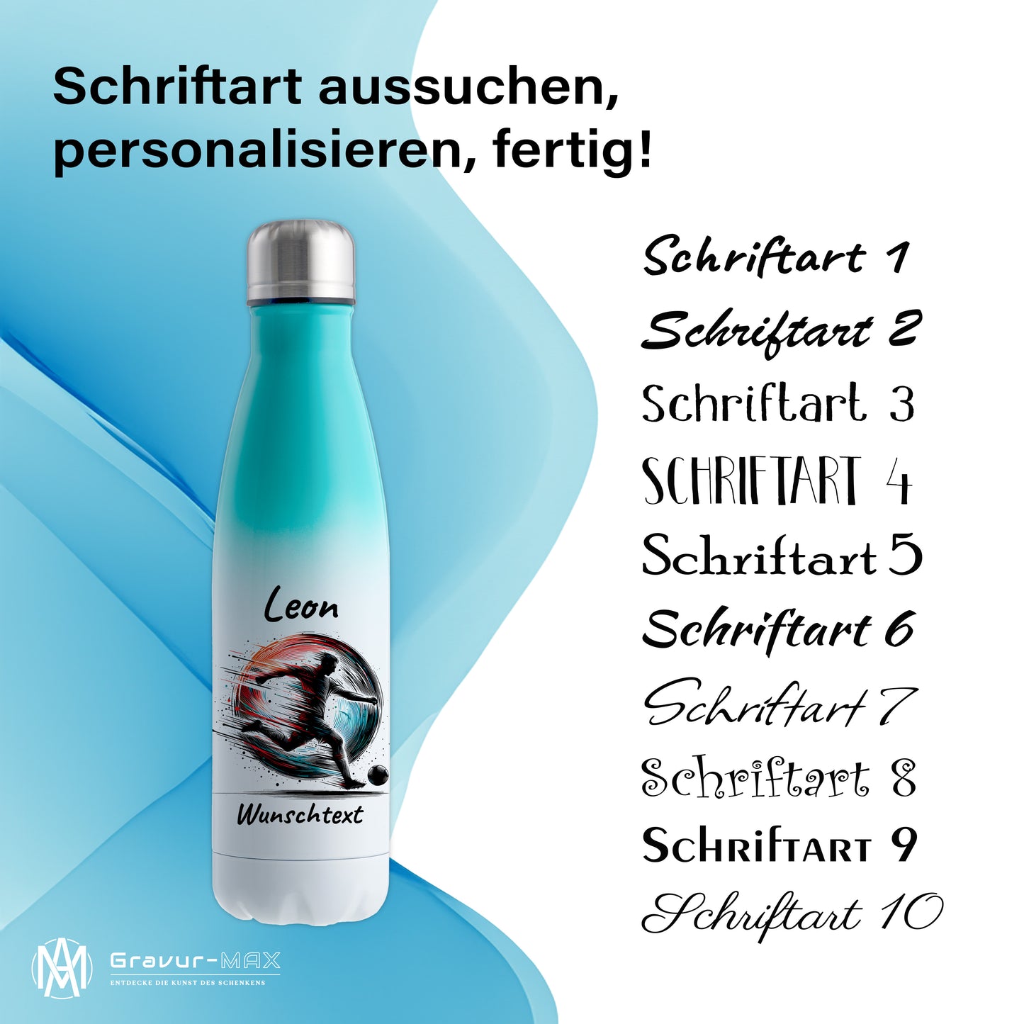 Thermoflasche 500ml in Weiß/Mint aus Edelstahl bedruckt "Fußball" Motiv3 personalisierbar mit Wunschname & Text
