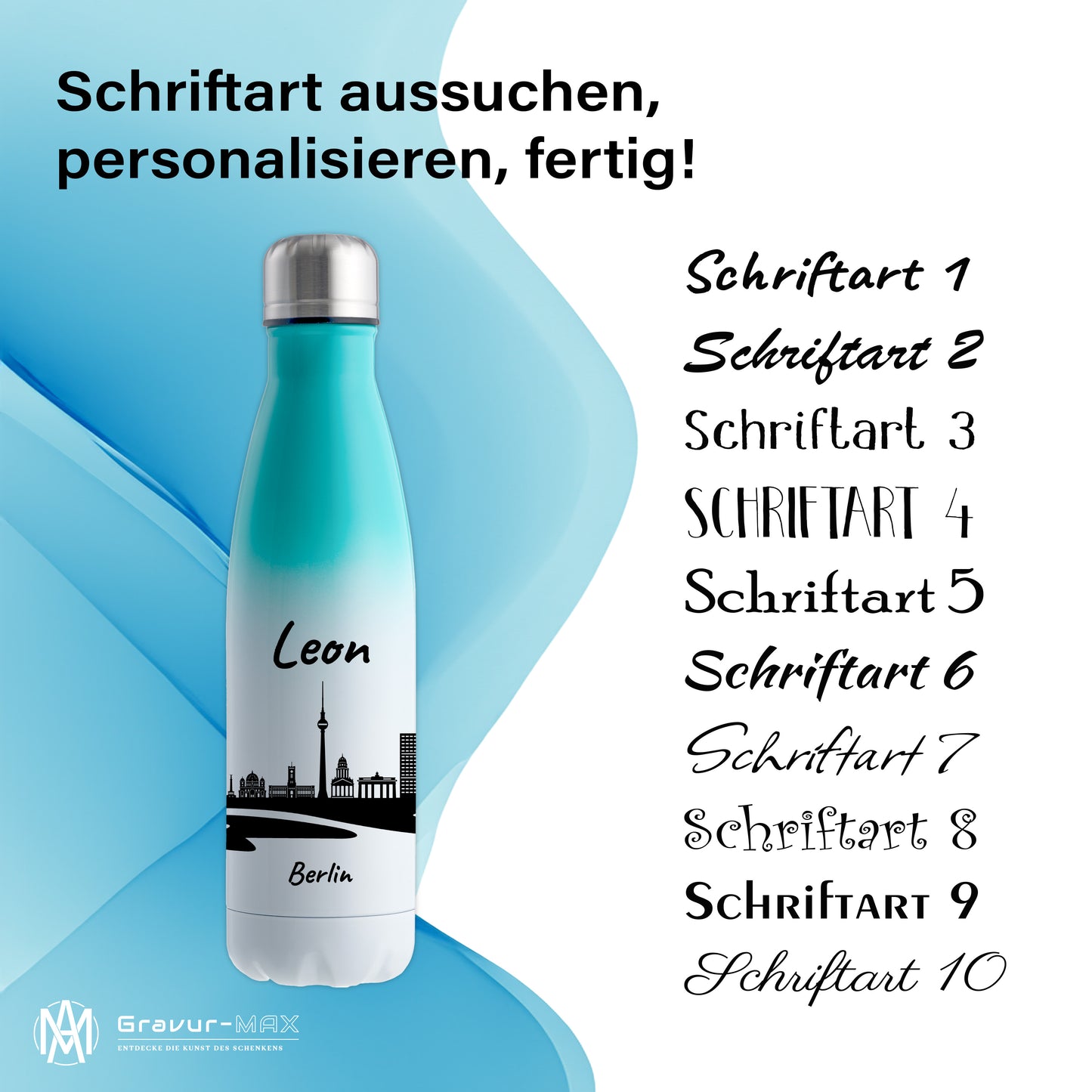 Trinkflasche in Weiß/Mint 500ml aus Edelstahl bedruckt mit der Skyline von Berlin personalisierbar mit Wunschname