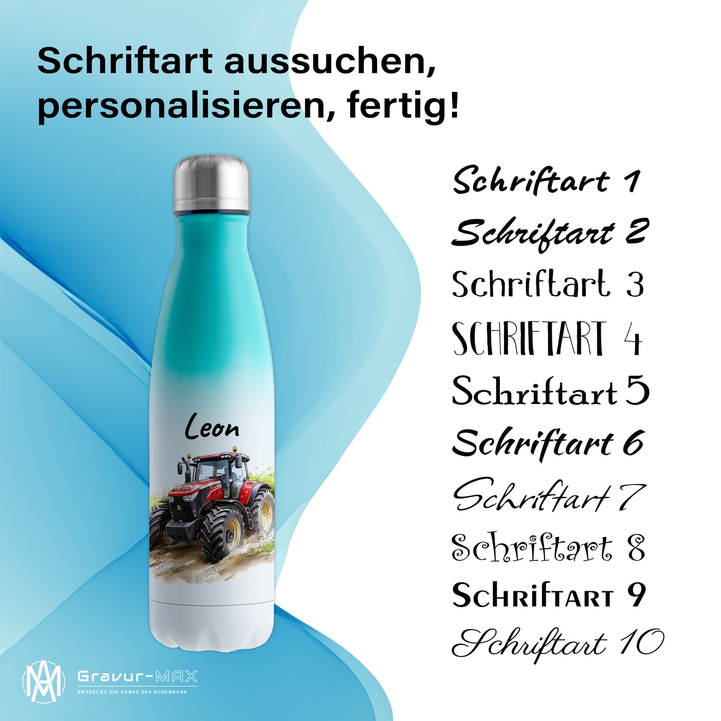 Thermoflasche 500ml in Weiß/Mint bedruckt mit tollen Motiven für Kinder "Traktor" personalisierbar mit Wunschname