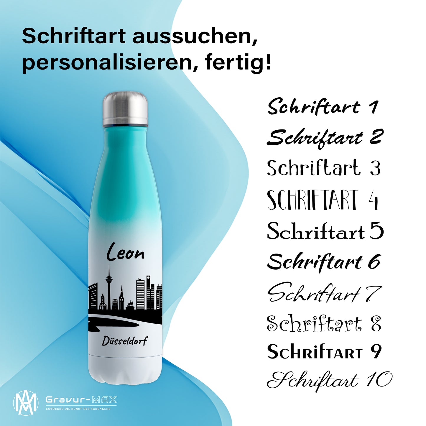 Trinkflasche in Weiß/Mint 500ml aus Edelstahl bedruckt mit der Skyline von Düsseldorf personalisierbar mit Wunschname
