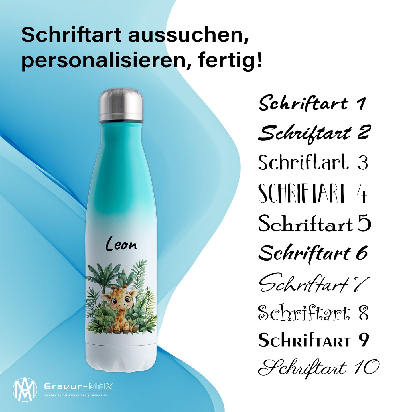 Trinkflasche mit Farbverlauf in Weiß/Mint 500ml aus Edelstahl bedruckt mit Dschungel Tieren"Giraffe" personalisierbar für Kinder mit Wunschname
