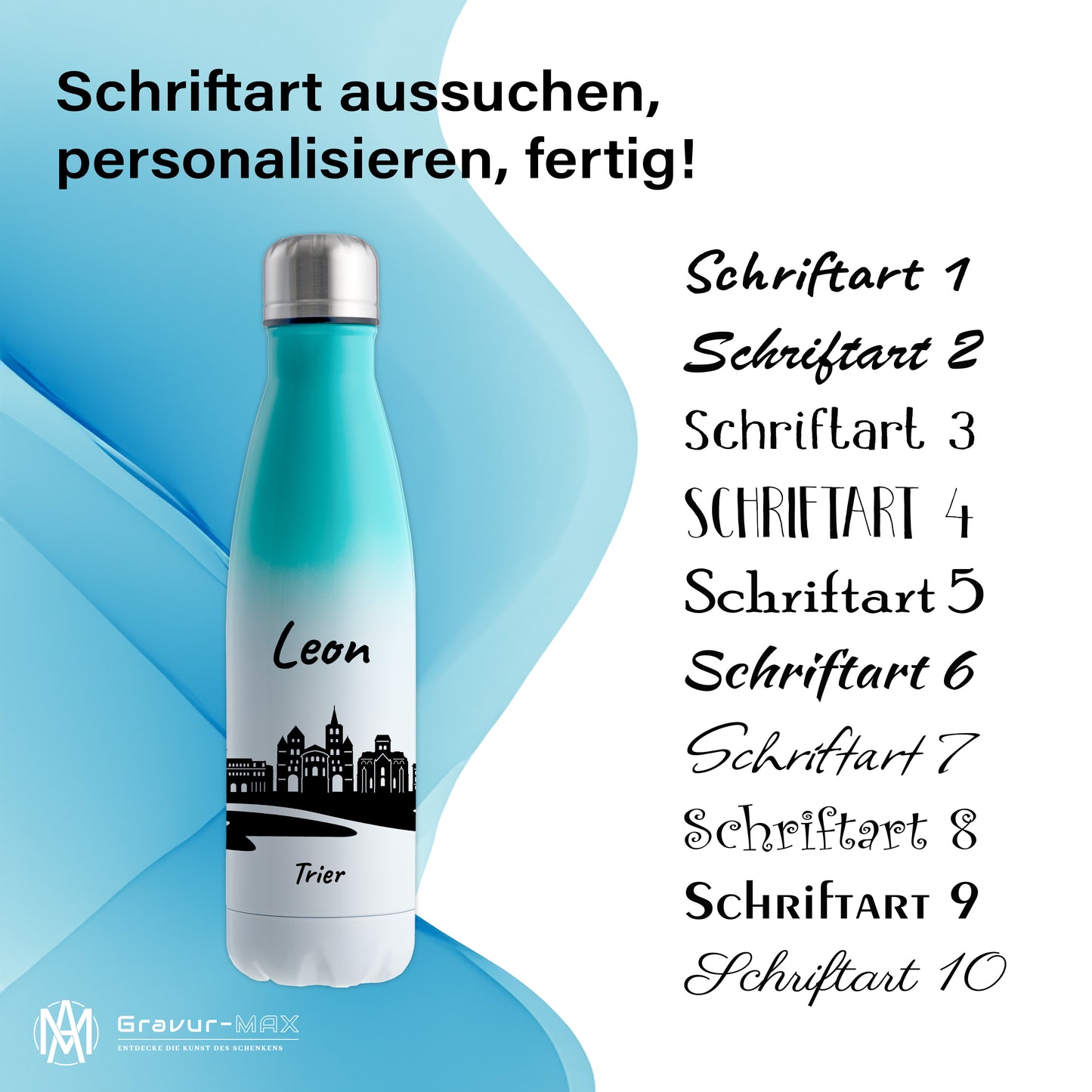 Trinkflasche in Weiß/Mint 500ml aus Edelstahl bedruckt mit der Skyline von Trier personalisierbar mit Wunschname