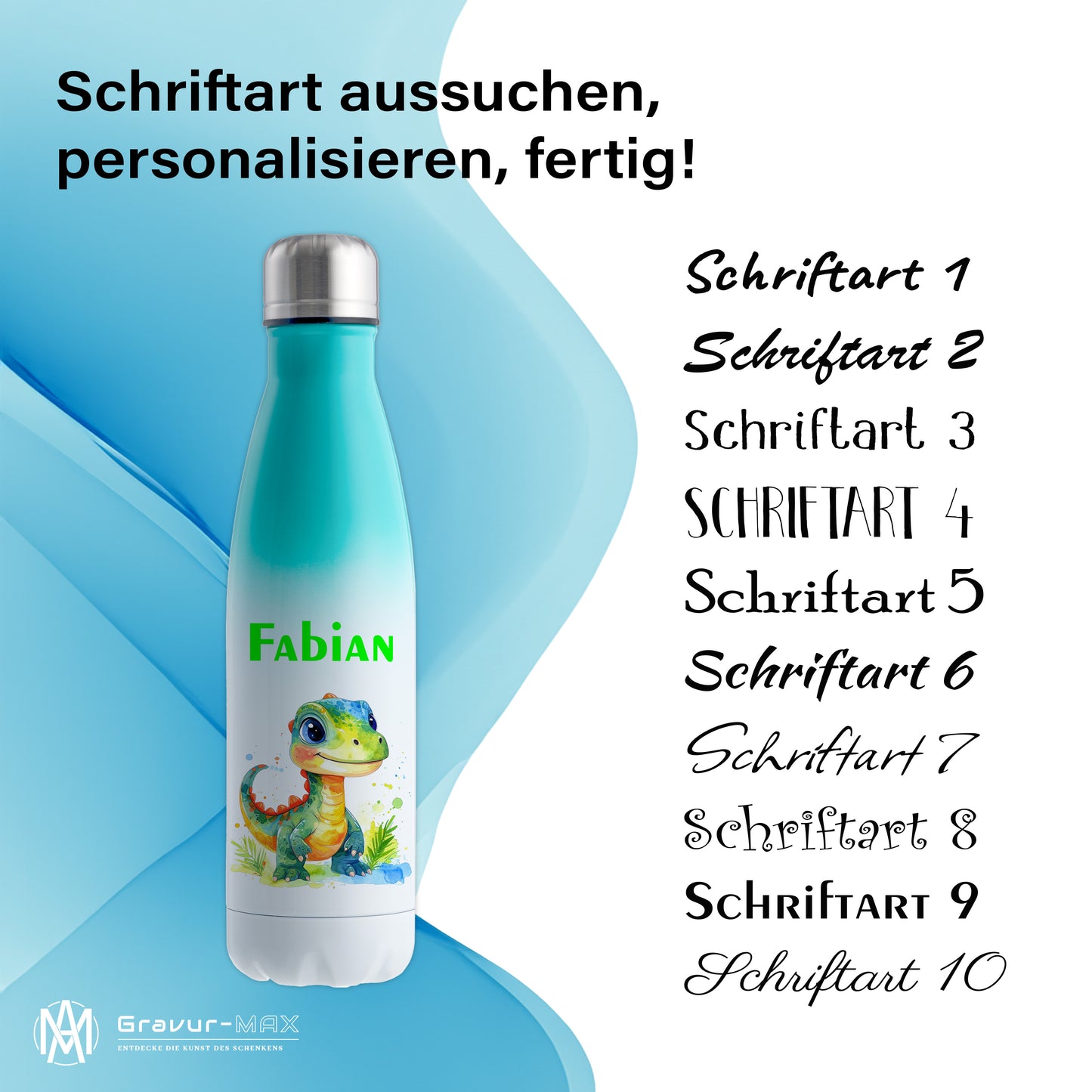 Thermoflasche 500ml in Weiß/Mint bedruckt mit tollen Motiven für Kinder "Dino Kinder" personalisierbar mit Wunschname