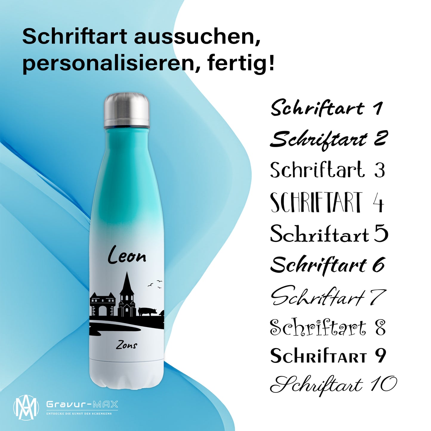 Trinkflasche in Weiß/Mint 500ml aus Edelstahl bedruckt mit der Skyline von Zons (Dormagen) personalisierbar mit Wunschname