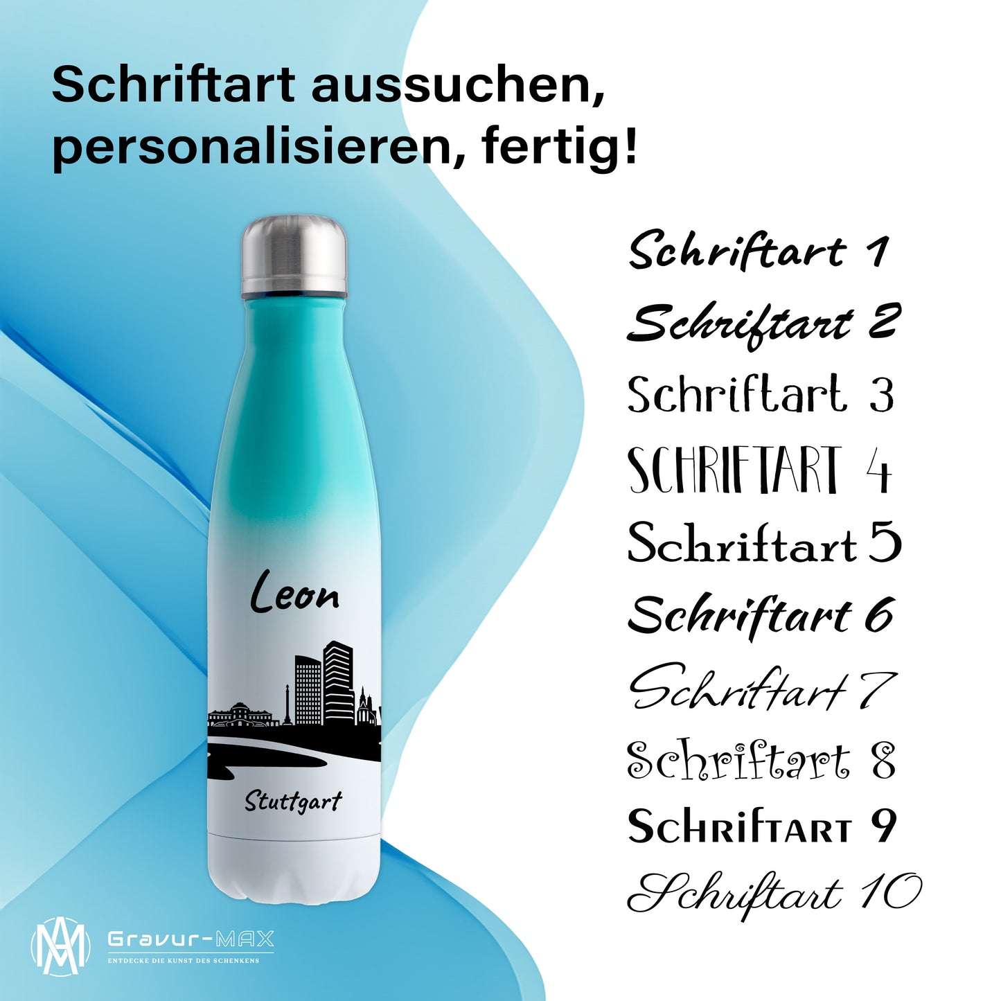 Trinkflasche in Weiß/Mint 500ml aus Edelstahl bedruckt mit der Skyline von Stuttgart personalisierbar mit Wunschname
