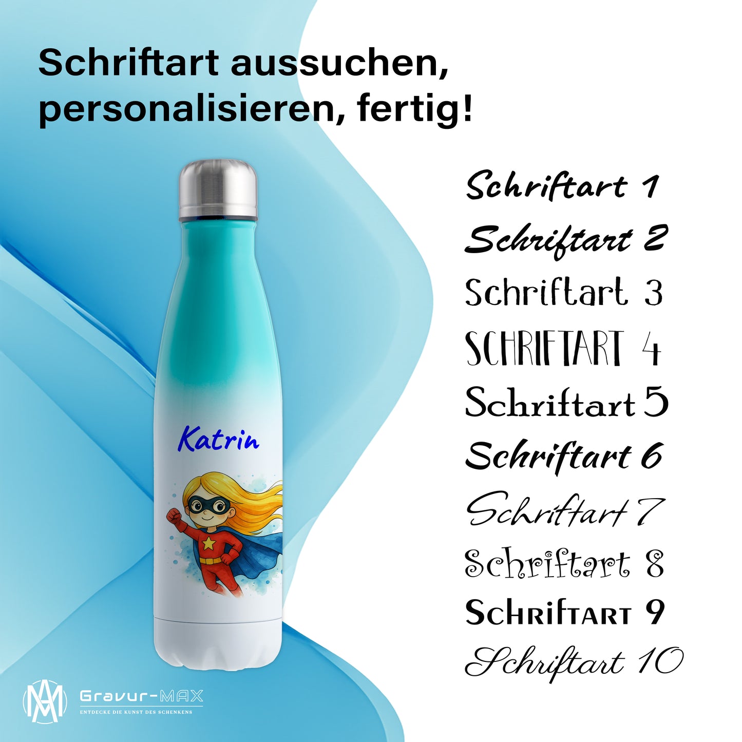 Thermoflasche 500ml in Weiß/Mint bedruckt mit tollen Motiven für Kinder "Superheldin" personalisierbar mit Wunschname