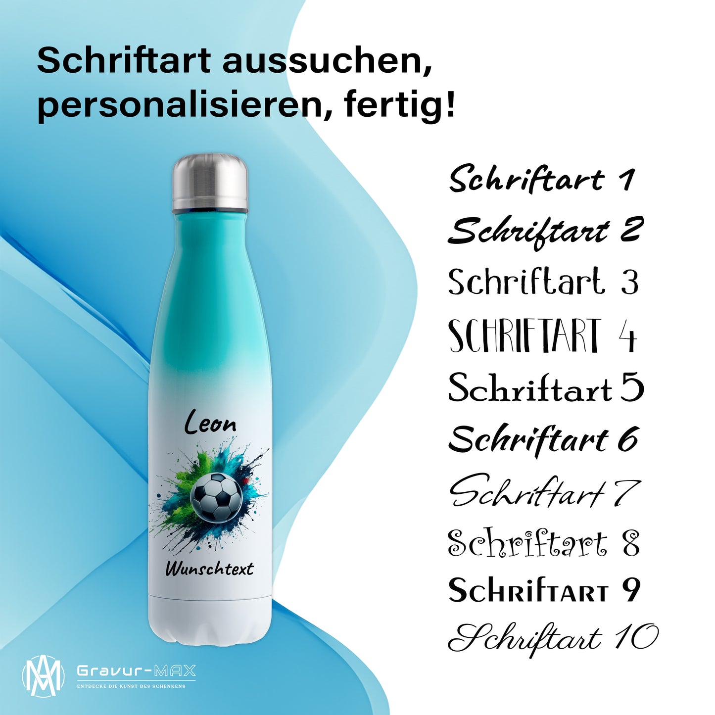 Thermoflasche 500ml in Weiß/Mint aus Edelstahl bedruckt "Fußball" Motiv8 personalisierbar mit Wunschname & Text