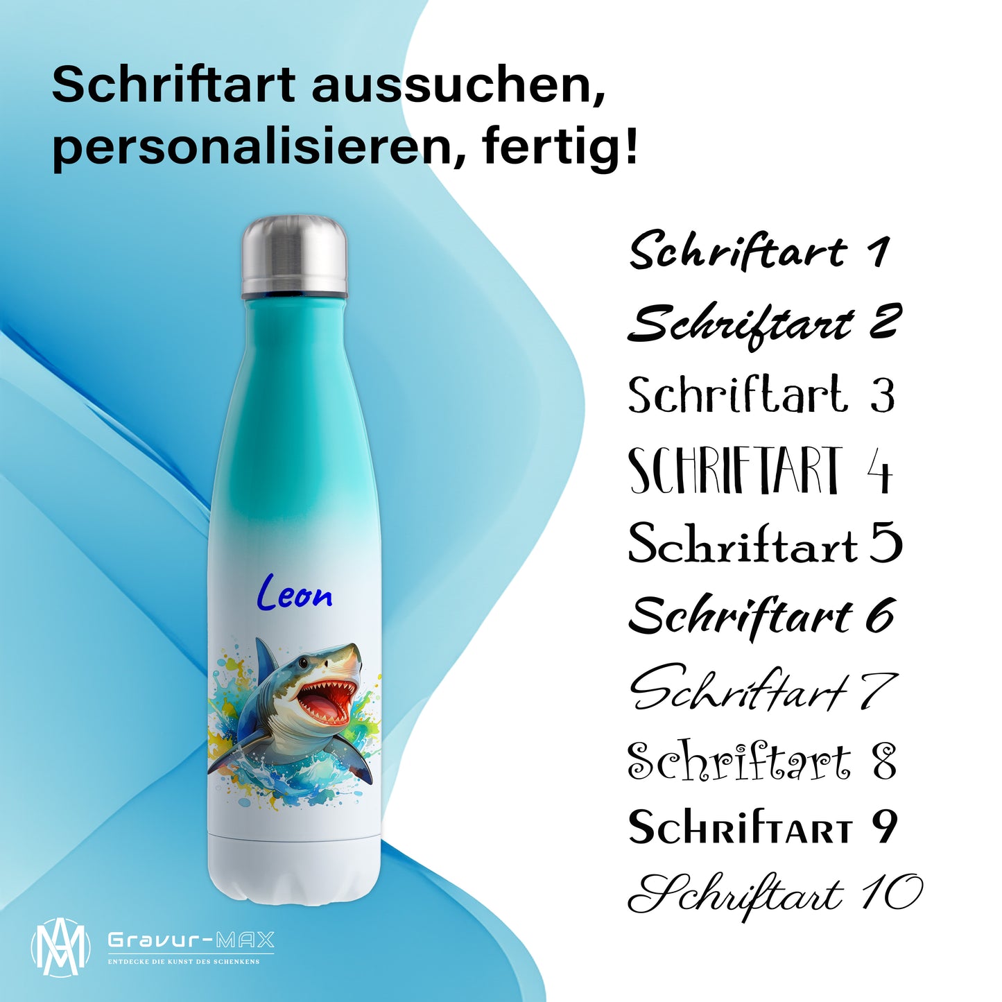Thermoflasche 500ml in Weiß/Mint bedruckt mit tollen Motiven für Kinder "Hai" personalisierbar mit Wunschname
