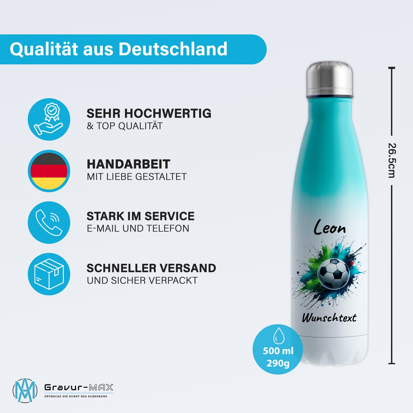 Thermoflasche 500ml in Weiß/Mint aus Edelstahl bedruckt "Fußball" Motiv8 personalisierbar mit Wunschname & Text