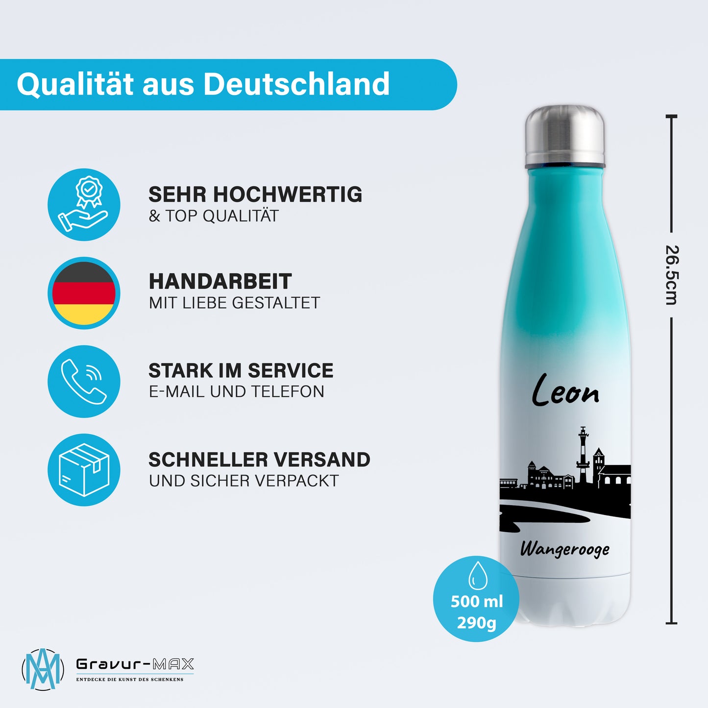 Trinkflasche in Weiß/Mint 500ml aus Edelstahl bedruckt mit der Skyline von Wangerooge personalisierbar mit Wunschname