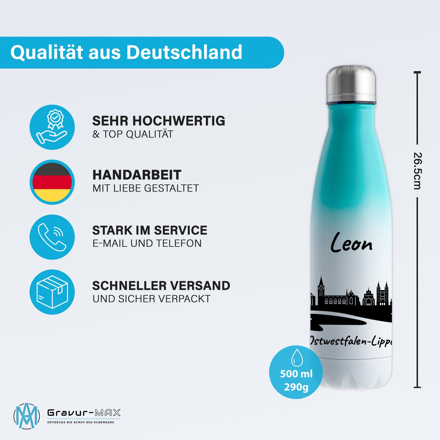 Trinkflasche in Weiß/Mint 500ml aus Edelstahl bedruckt mit der Skyline von Ostwestfalen-Lippe personalisierbar mit Wunschname