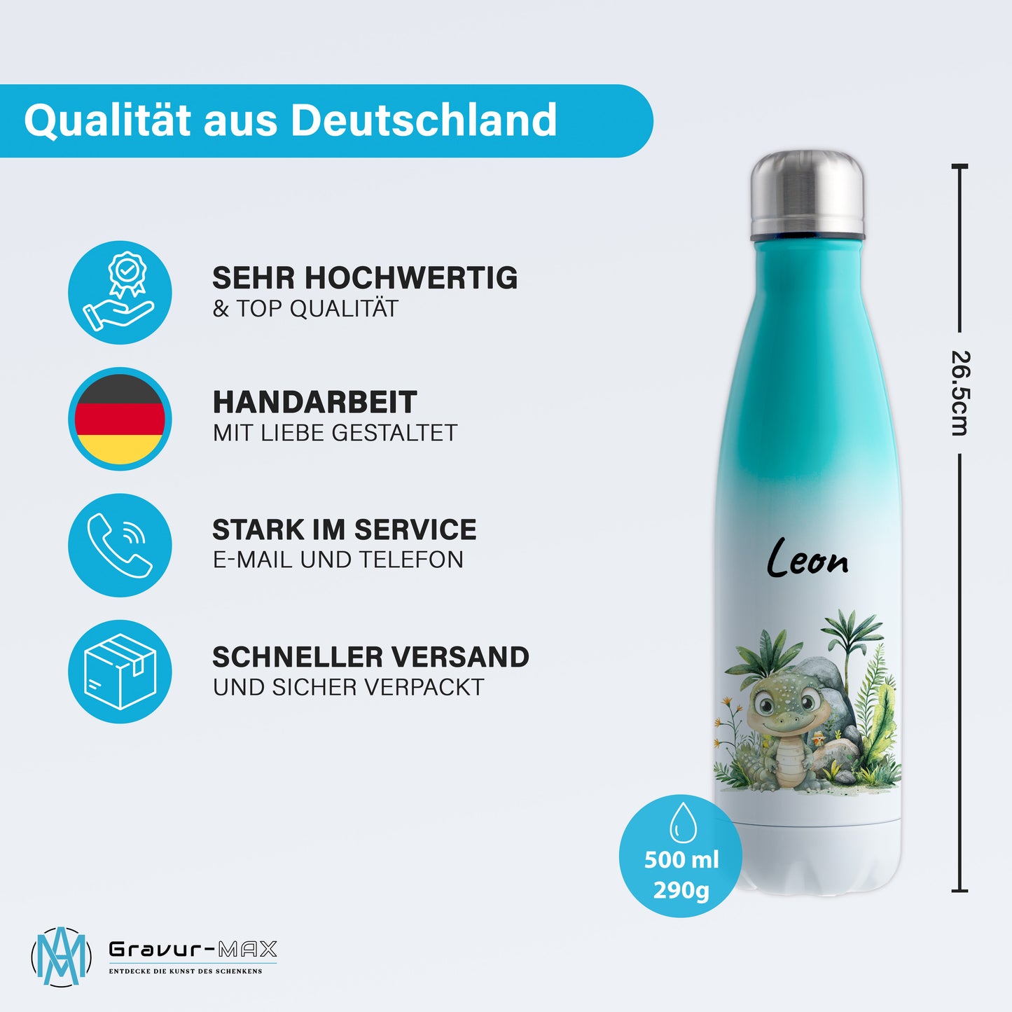 Trinkflasche mit Farbverlauf in Weiß/Mint 500ml aus Edelstahl bedruckt mit Dschungel Tieren"Krokodil" personalisierbar für Kinder mit Wunschname
