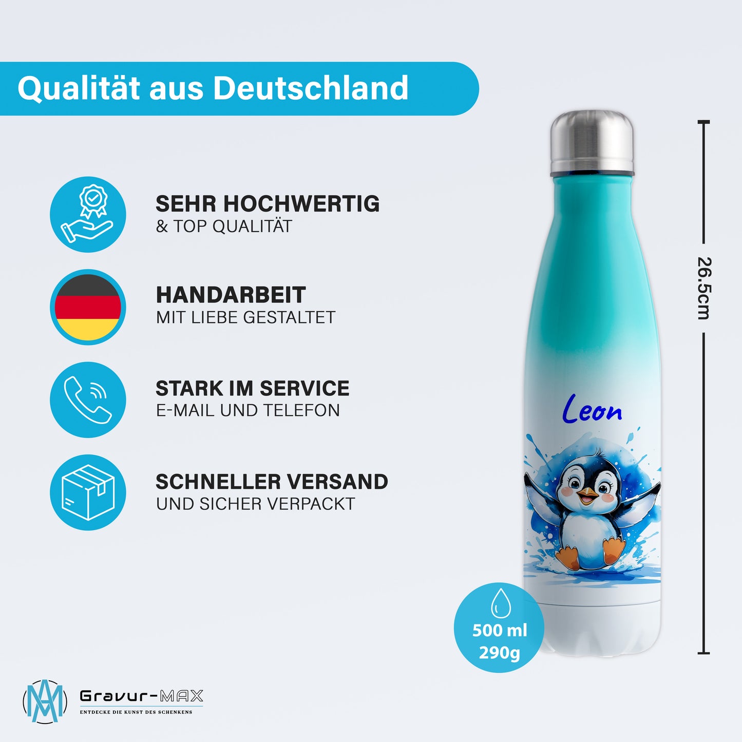 Trinkflasche in Weiß/Mint 500ml aus Edelstahl bedruckt mit niedlichen Tieren "Pinguin" personalisierbar für Kinder mit Wunschname