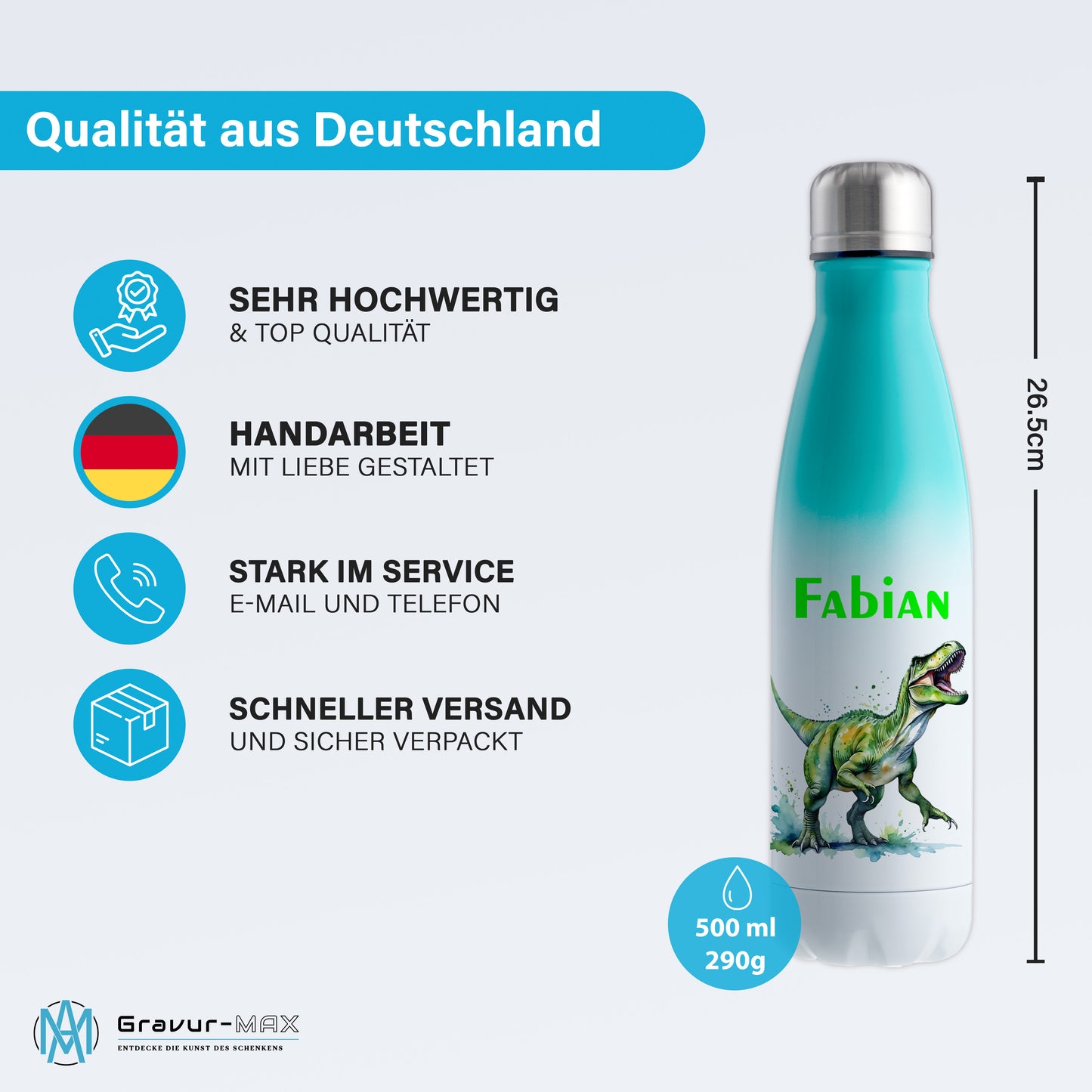 Thermoflasche 500ml in Weiß/Mint bedruckt mit tollen Motiven für Kinder "Dino T-Rex" personalisierbar mit Wunschname
