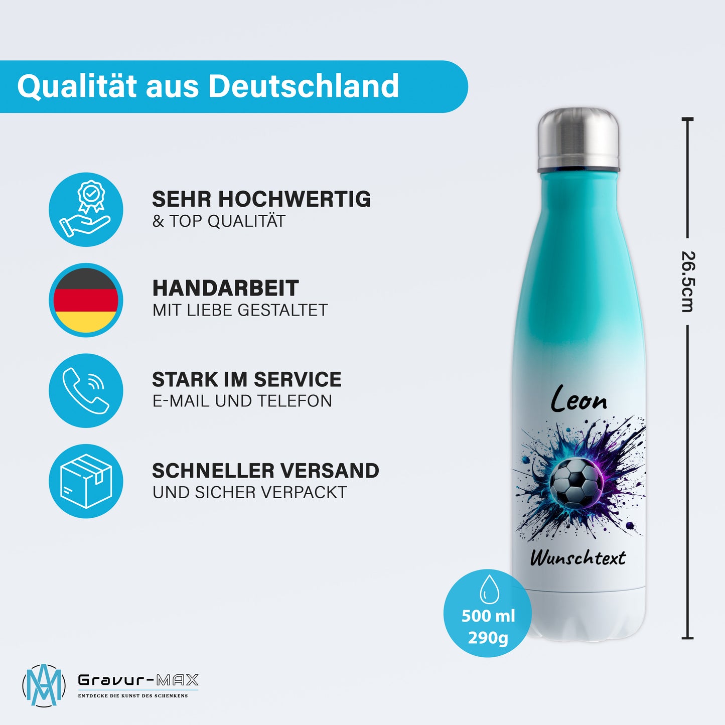 Thermoflasche 500ml in Weiß/Mint aus Edelstahl bedruckt "Fußball" Motiv10 personalisierbar mit Wunschname & Text