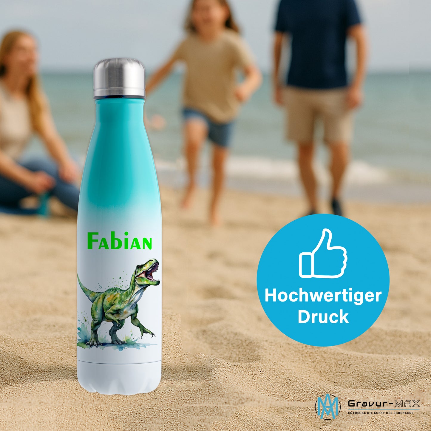 Thermoflasche 500ml in Weiß/Mint bedruckt mit tollen Motiven für Kinder "Dino T-Rex" personalisierbar mit Wunschname
