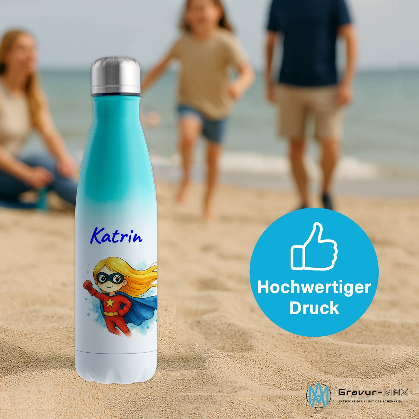 Thermoflasche 500ml in Weiß/Mint bedruckt mit tollen Motiven für Kinder "Superheldin" personalisierbar mit Wunschname