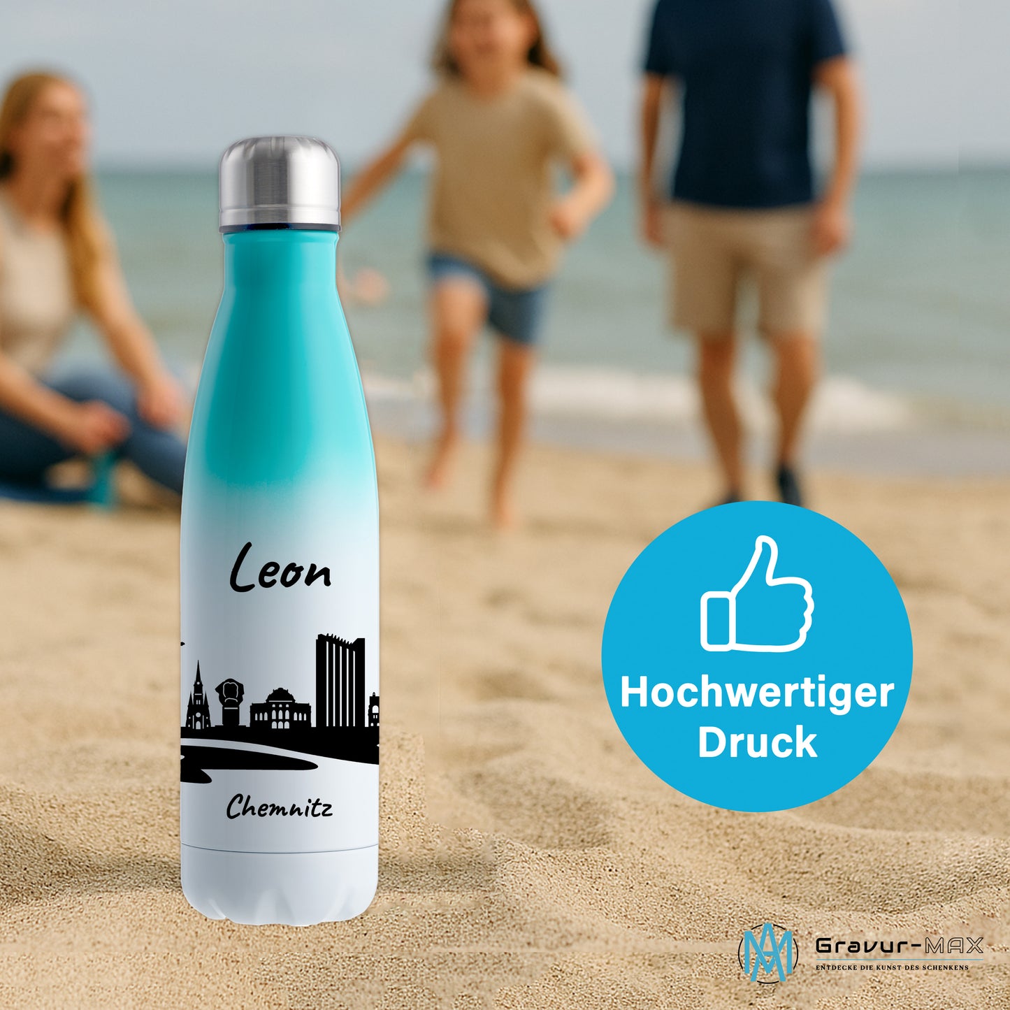 Trinkflasche in Weiß/Mint 500ml aus Edelstahl bedruckt mit der Skyline von Chemnitz personalisierbar mit Wunschname