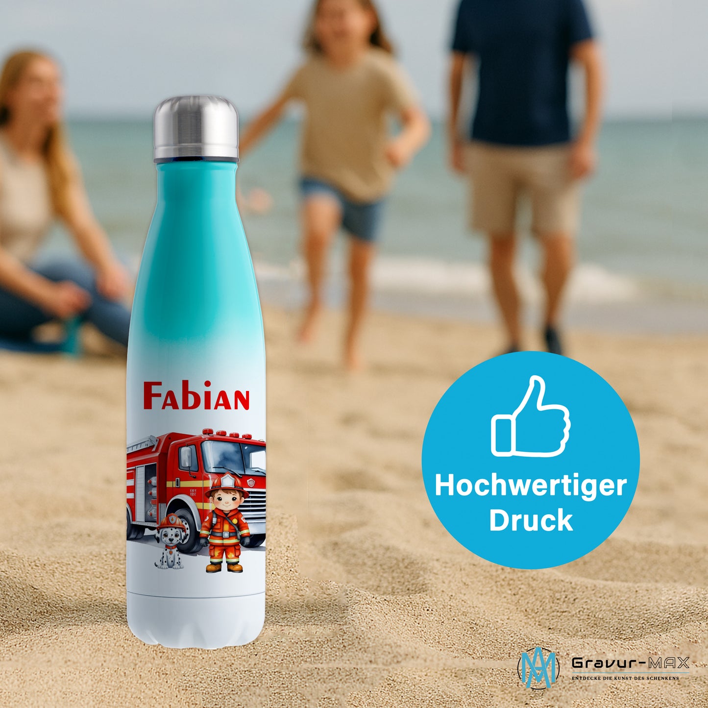 Thermoflasche 500ml in Weiß/Mint bedruckt mit tollen Motiven für Kinder "Feuerwehr" personalisierbar mit Wunschname