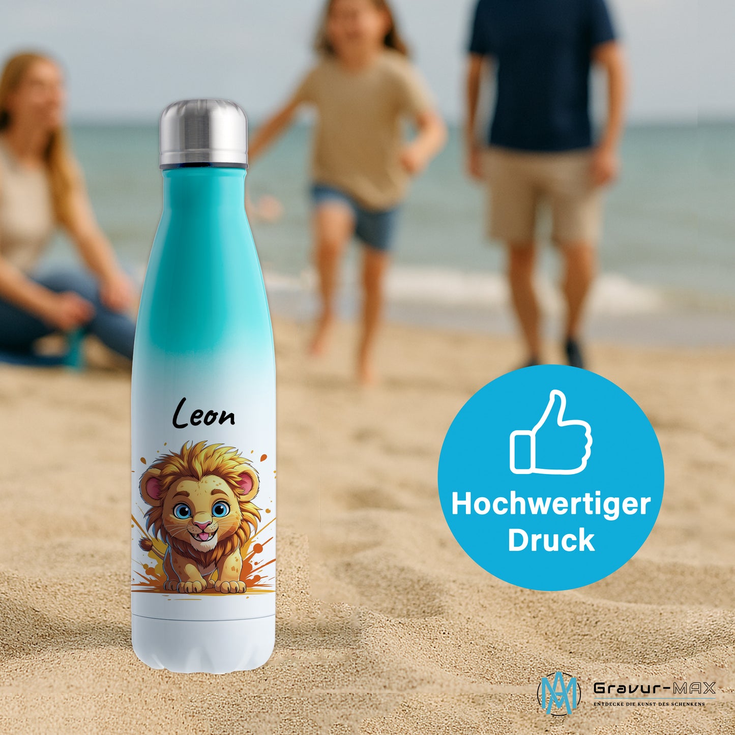 Trinkflasche in Weiß/Mint 500ml aus Edelstahl bedruckt mit niedlichen Tieren "Löwe" personalisierbar für Kinder mit Wunschname