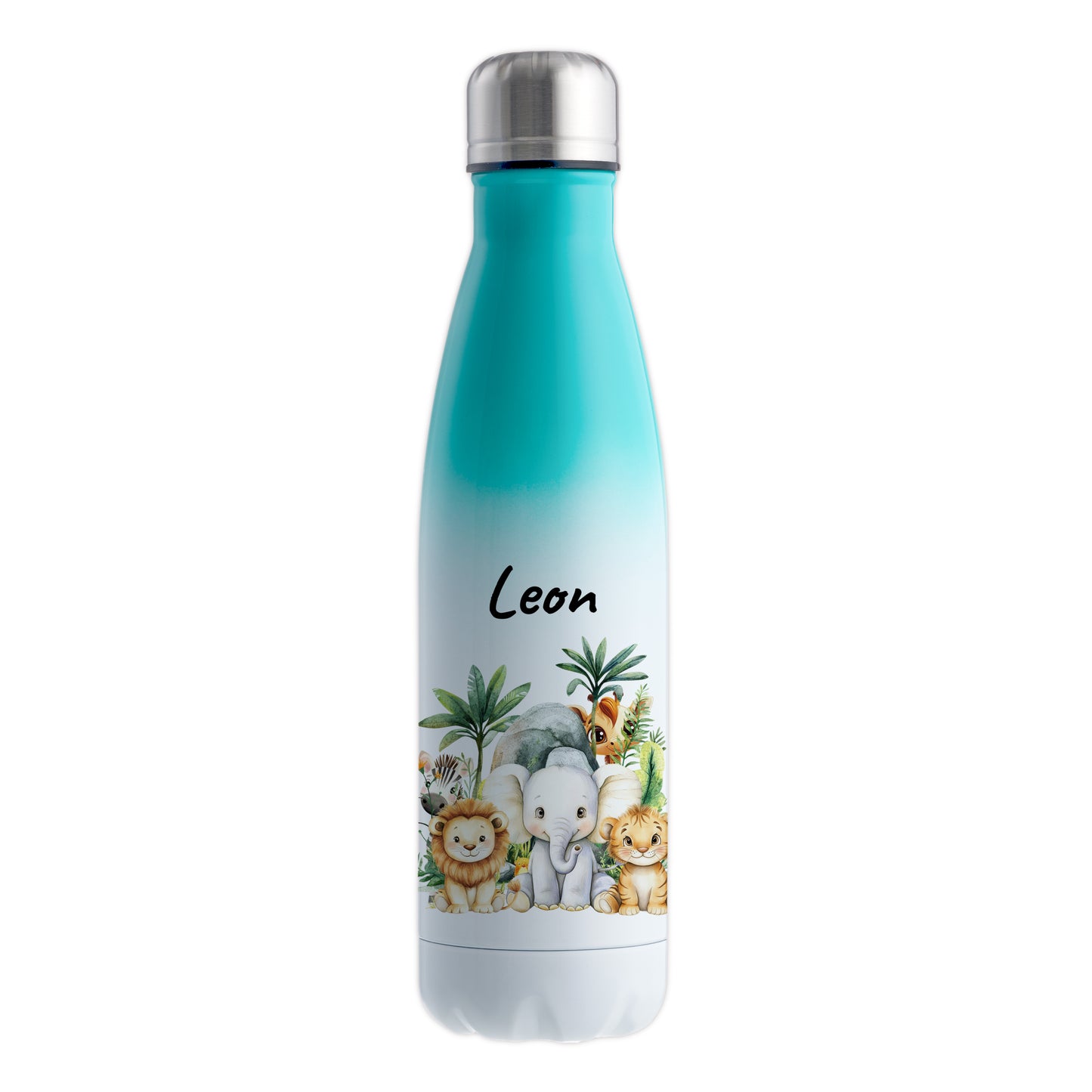 Trinkflasche mit Farbverlauf in Weiß/Mint 500ml aus Edelstahl bedruckt mit Dschungel Tieren"Dschungel Tiere" personalisierbar für Kinder mit Wunschname