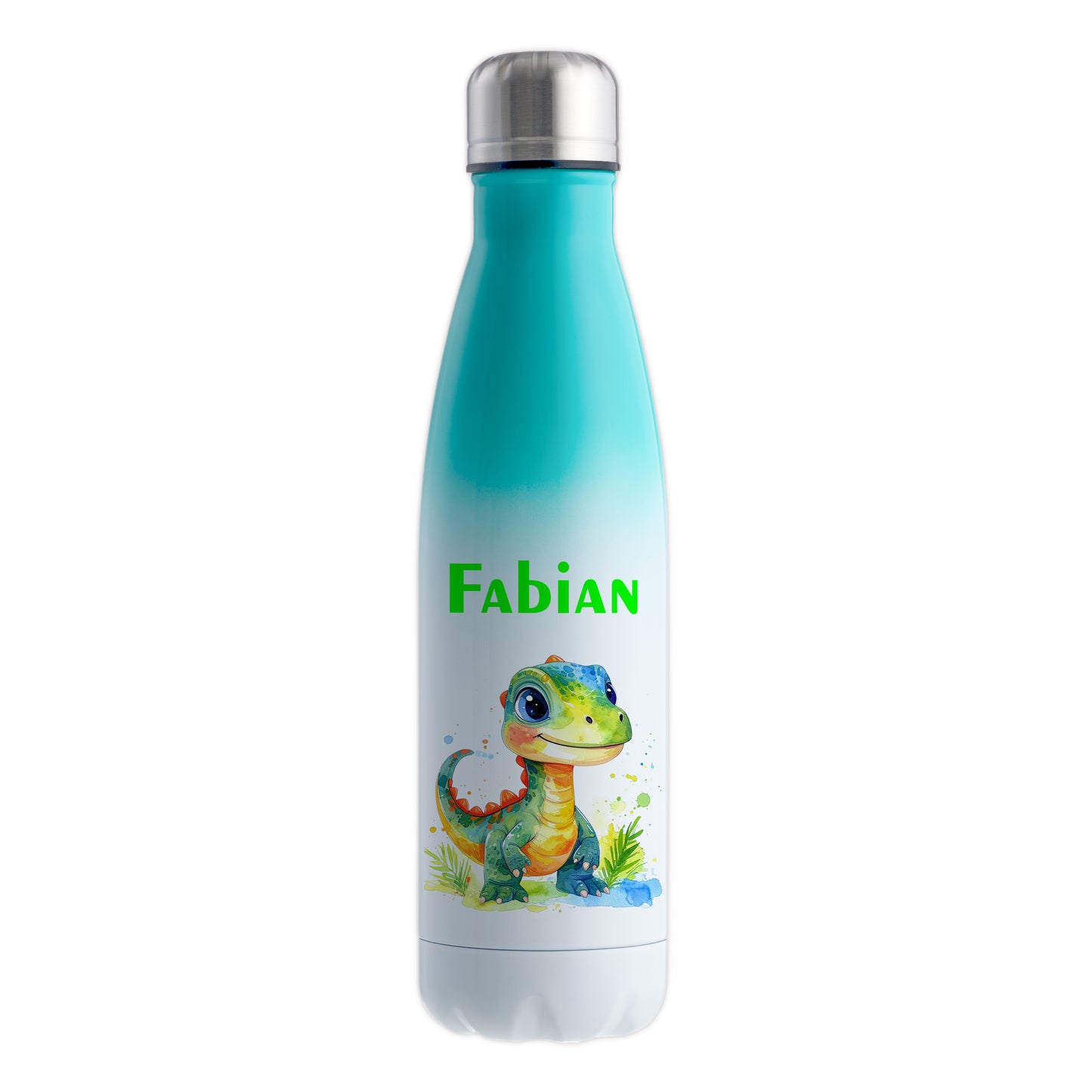 Thermoflasche 500ml in Weiß/Mint bedruckt mit tollen Motiven für Kinder "Dino Kinder" personalisierbar mit Wunschname