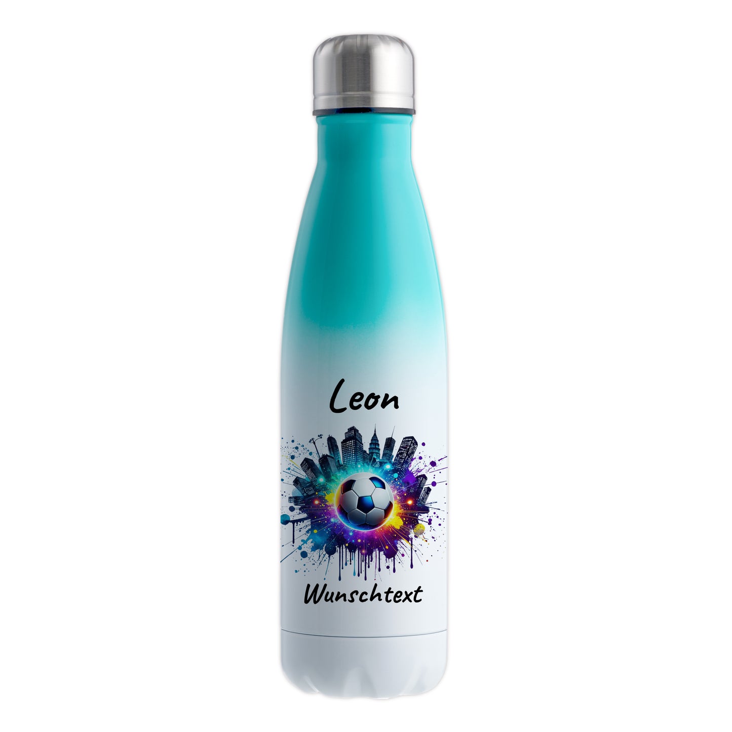 Thermoflasche 500ml in Weiß/Mint aus Edelstahl bedruckt "Fußball" Motiv7 personalisierbar mit Wunschname & Text