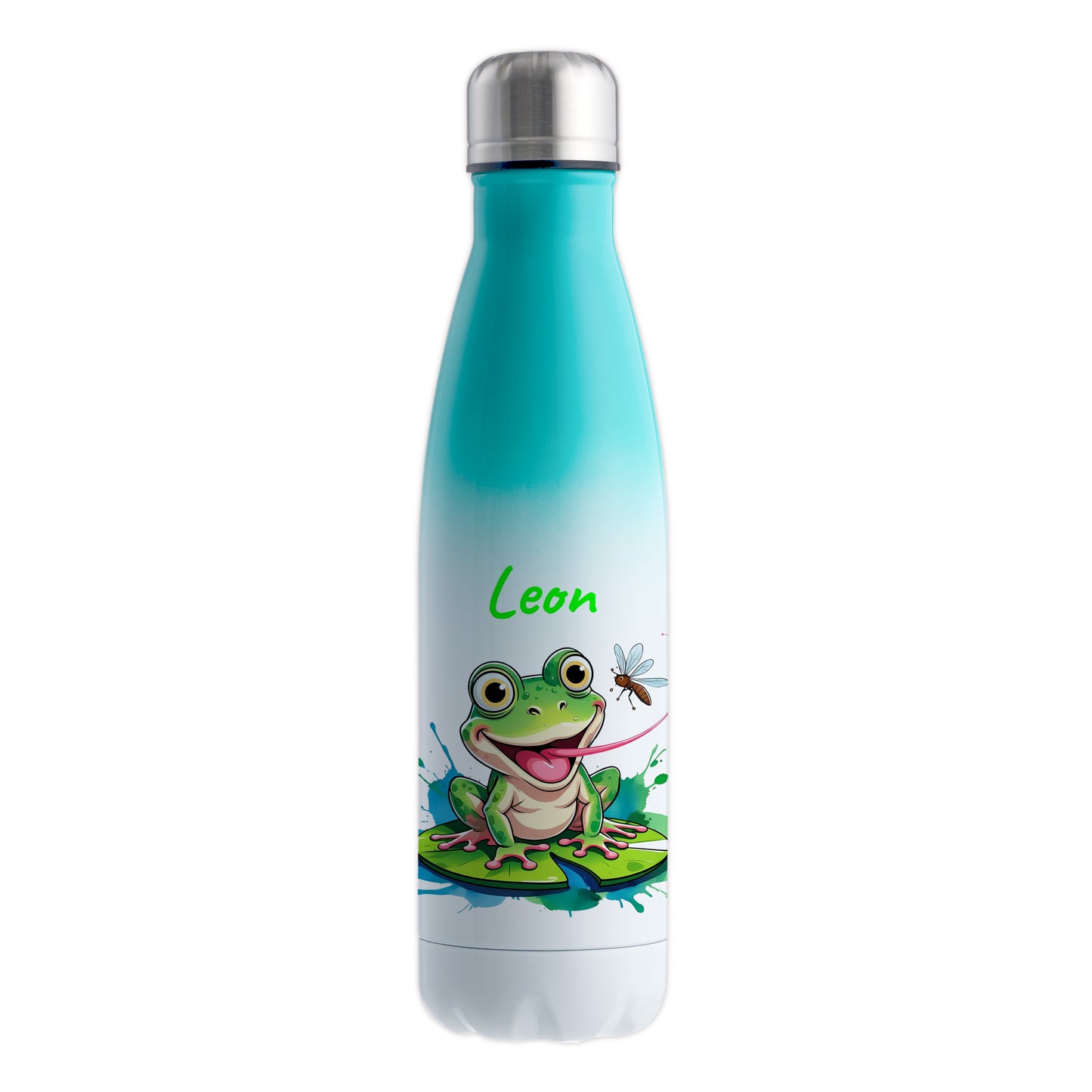 Trinkflasche in Weiß/Mint 500ml aus Edelstahl bedruckt mit niedlichen Tieren "Frosch" personalisierbar für Kinder mit Wunschname