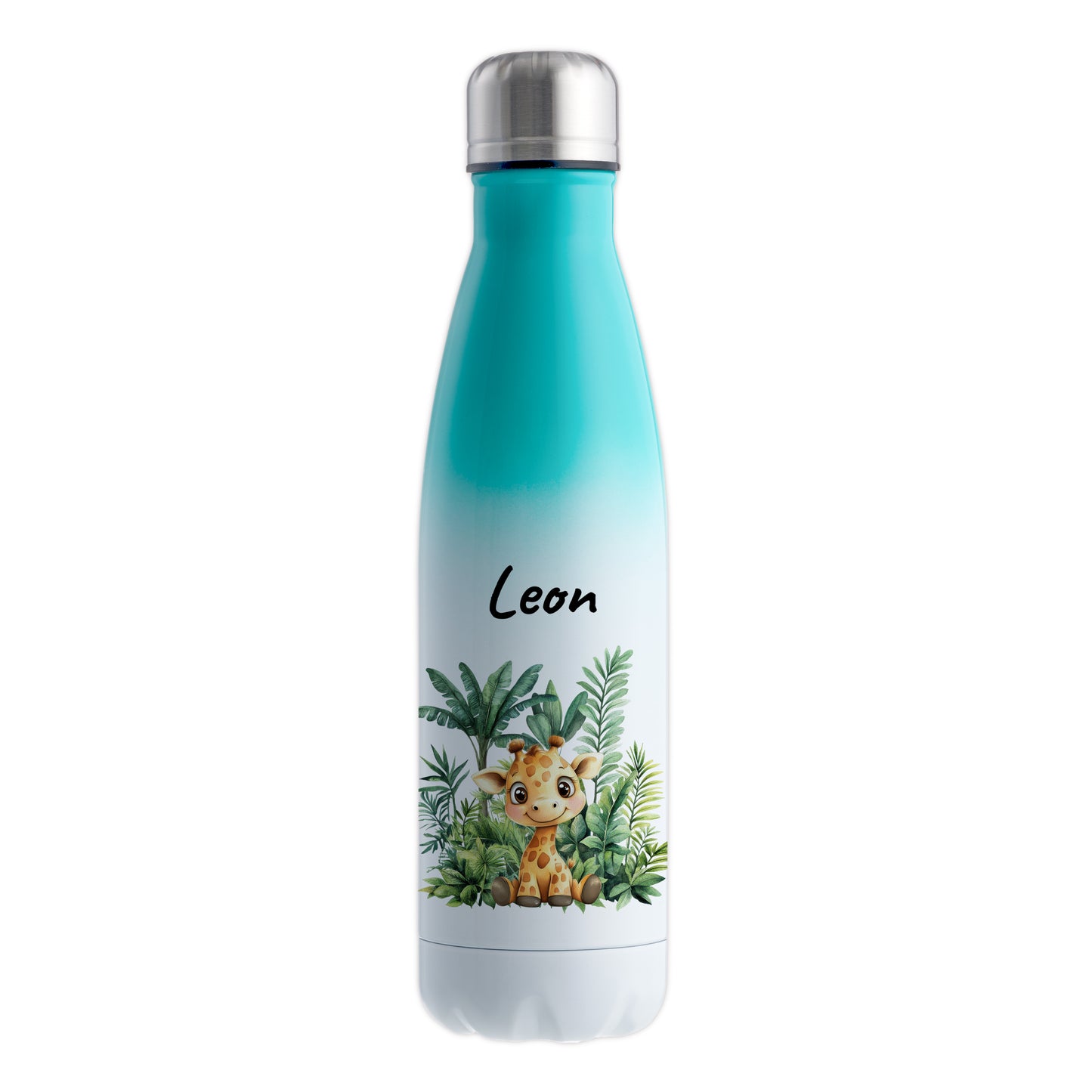 Trinkflasche mit Farbverlauf in Weiß/Mint 500ml aus Edelstahl bedruckt mit Dschungel Tieren"Giraffe" personalisierbar für Kinder mit Wunschname