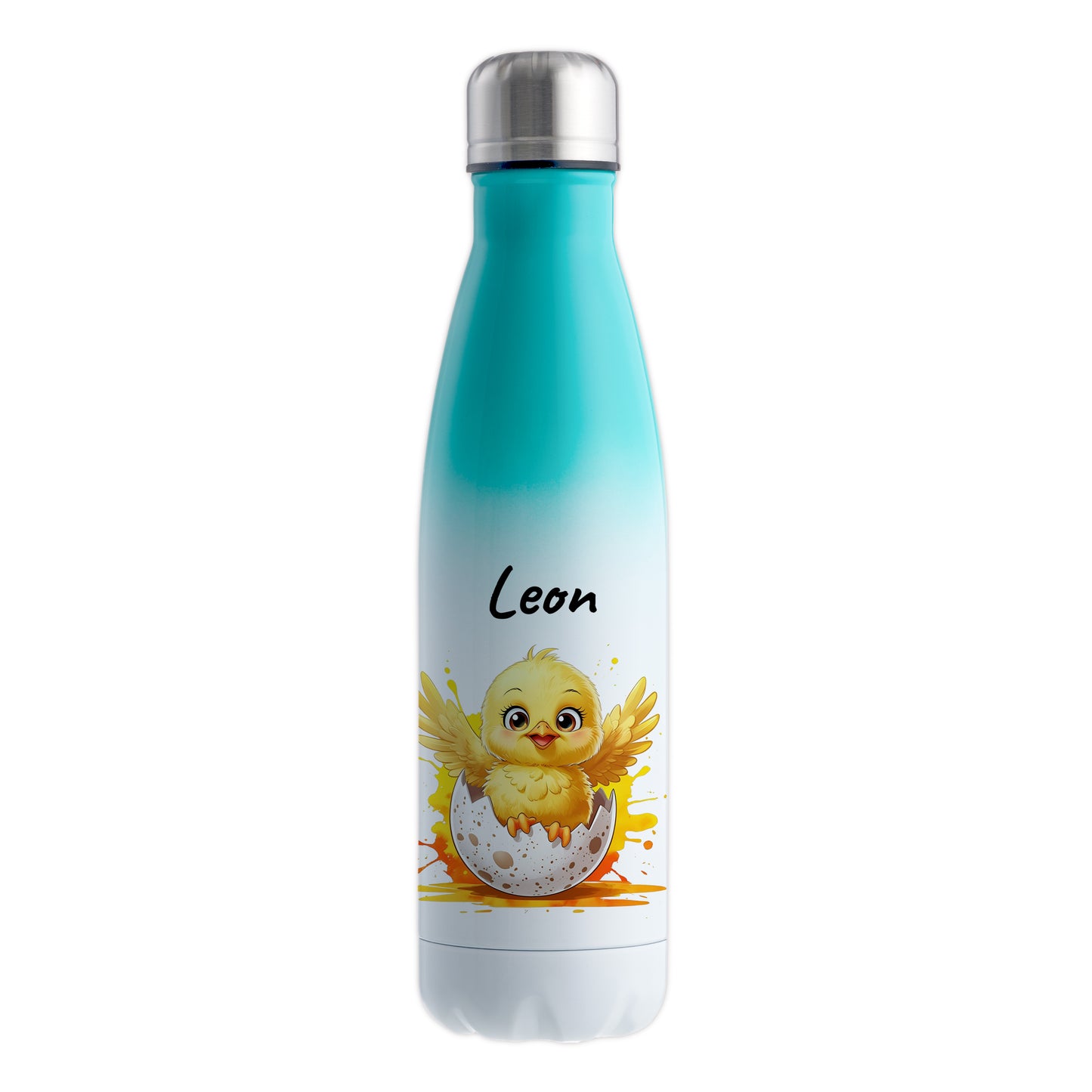 Trinkflasche in Weiß/Mint 500ml aus Edelstahl bedruckt mit niedlichen Tieren "Küken" personalisierbar für Kinder mit Wunschname