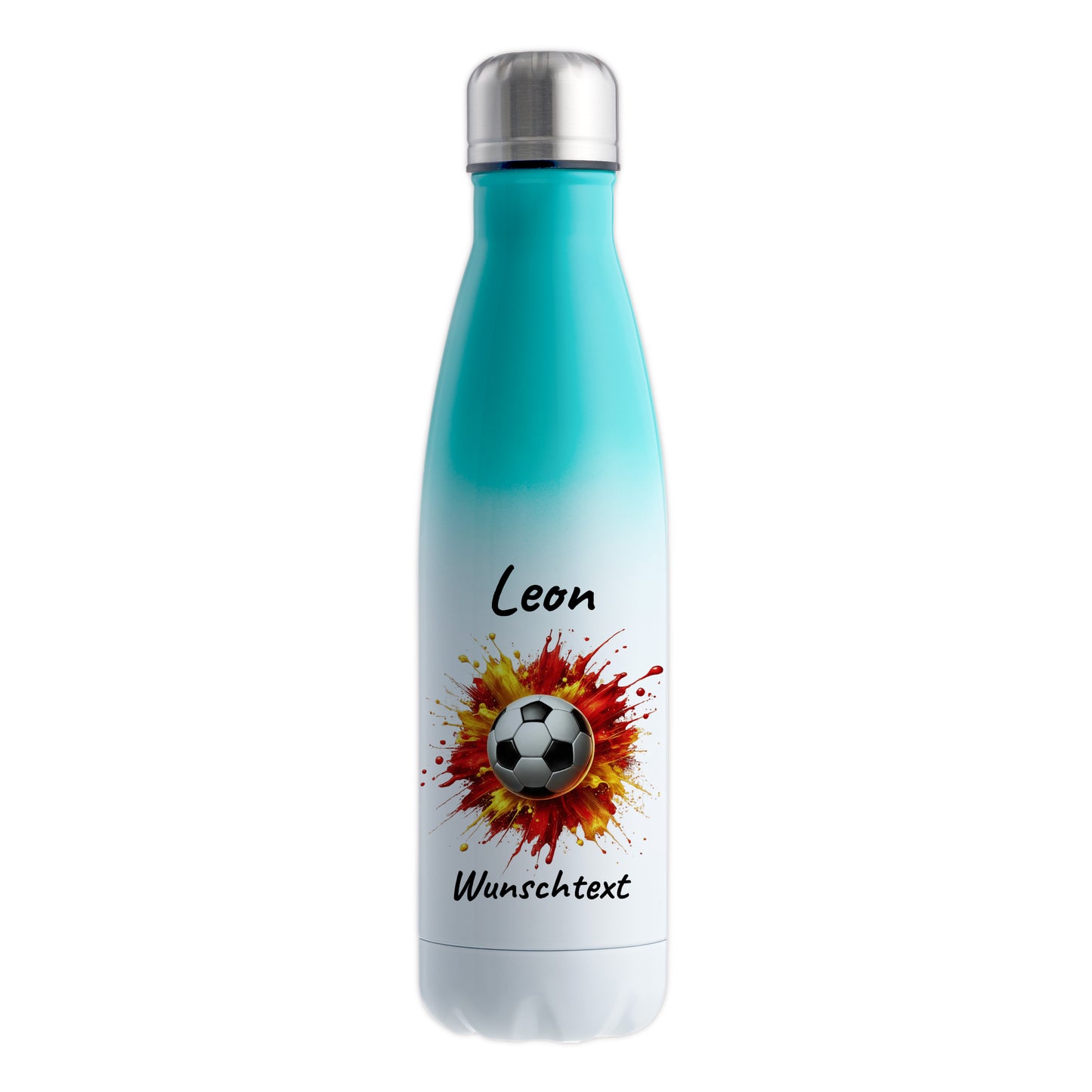 Thermoflasche 500ml in Weiß/Mint aus Edelstahl bedruckt "Fußball" Motiv9 personalisierbar mit Wunschname & Text