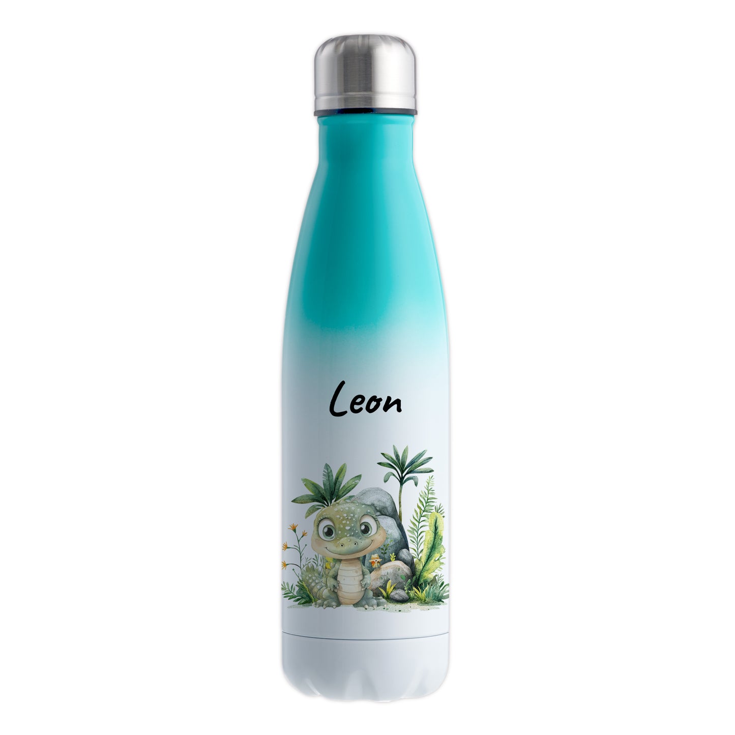 Trinkflasche mit Farbverlauf in Weiß/Mint 500ml aus Edelstahl bedruckt mit Dschungel Tieren"Krokodil" personalisierbar für Kinder mit Wunschname