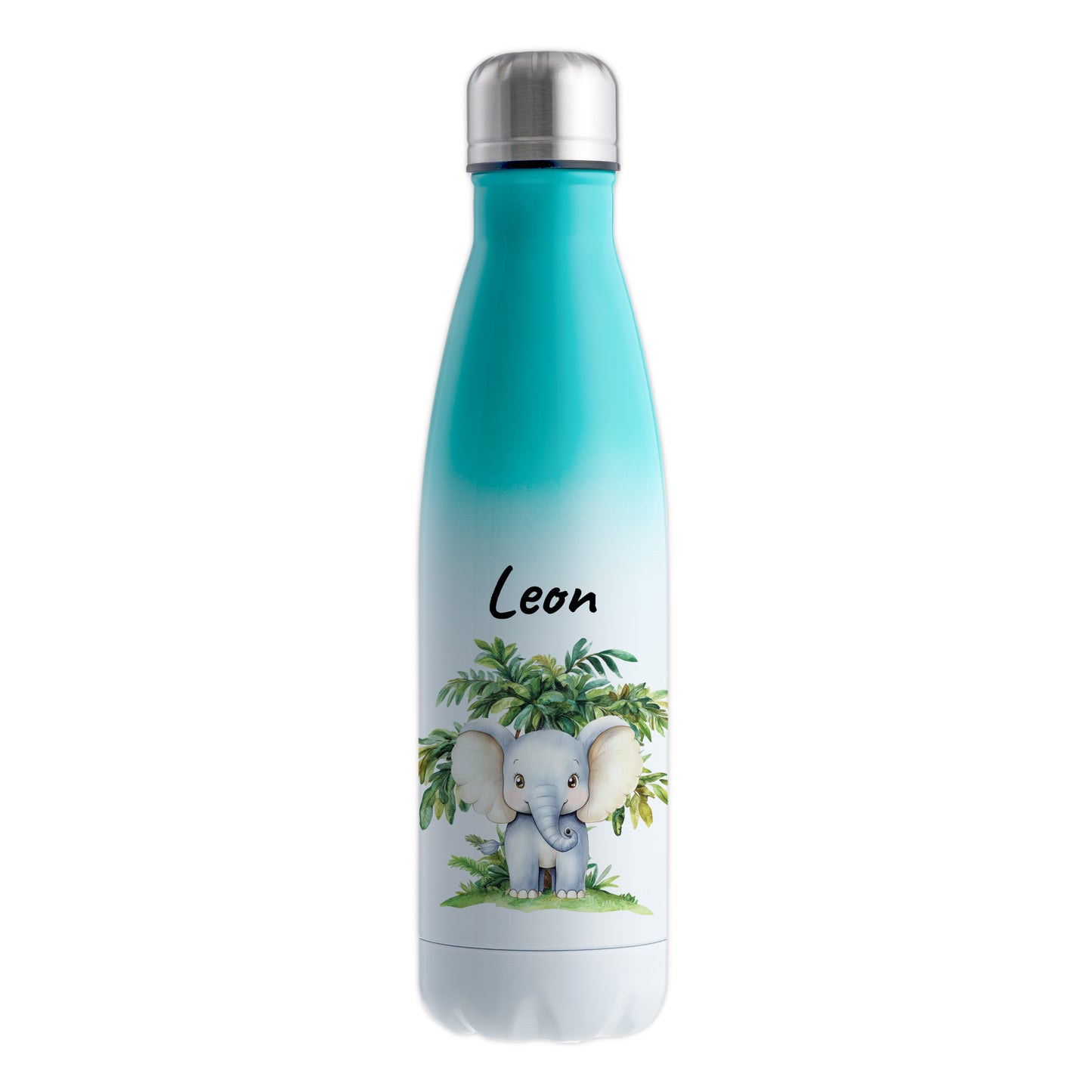 Trinkflasche mit Farbverlauf in Weiß/Mint 500ml aus Edelstahl bedruckt mit Dschungel Tieren"Elefant" personalisierbar für Kinder mit Wunschname