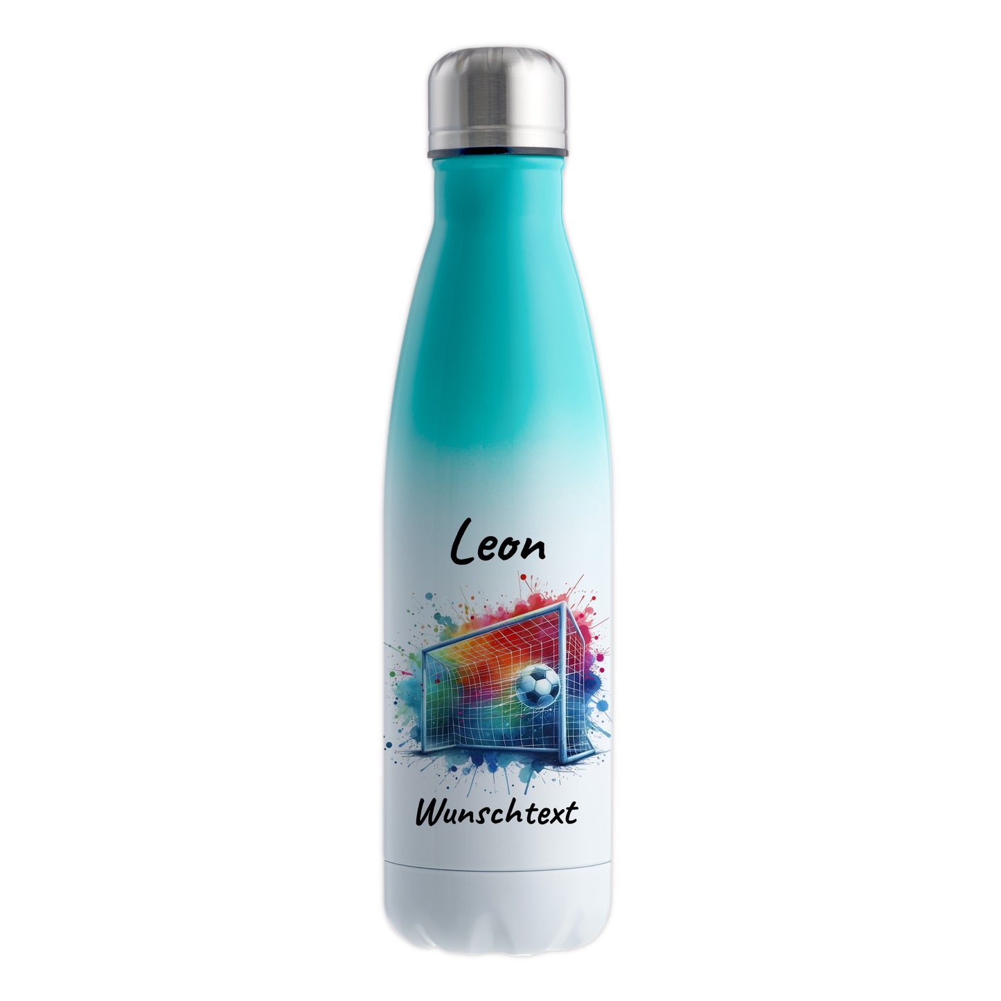 Thermoflasche 500ml in Weiß/Mint aus Edelstahl bedruckt "Fußball" Motiv5 personalisierbar mit Wunschname & Text