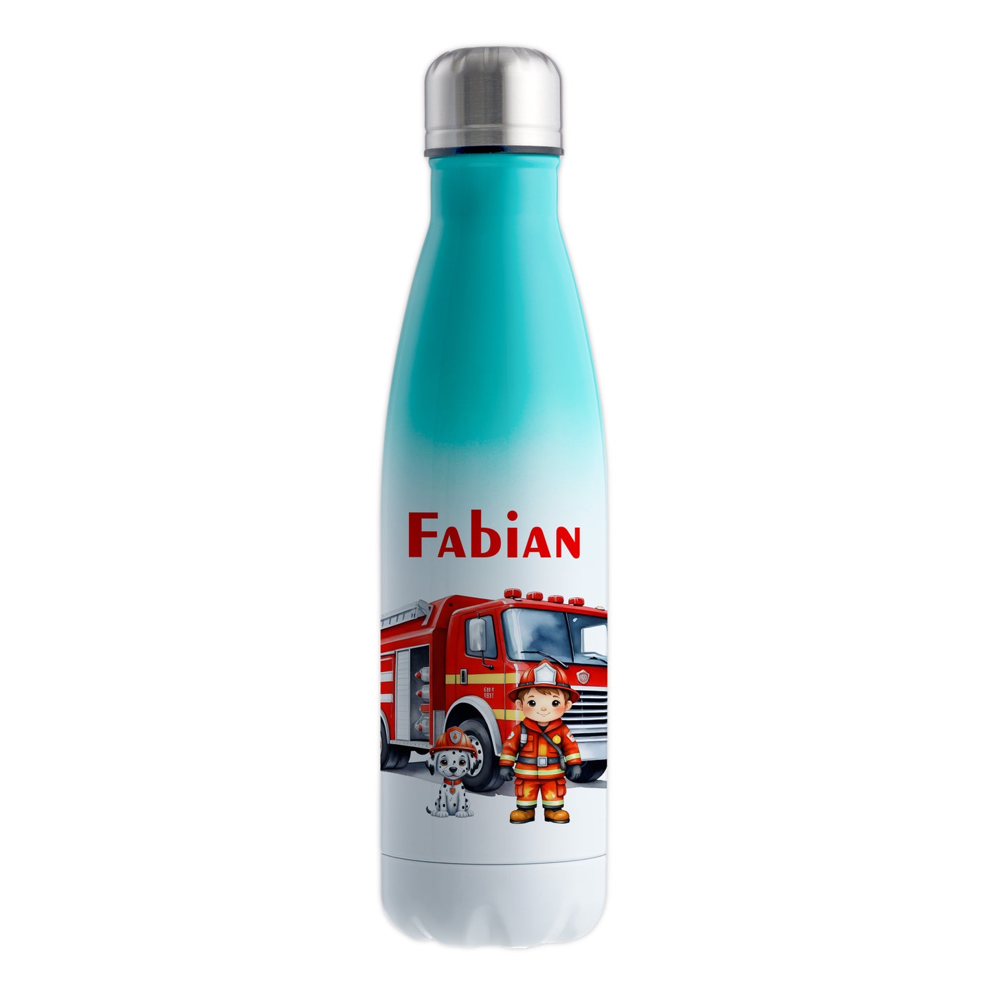 Thermoflasche 500ml in Weiß/Mint bedruckt mit tollen Motiven für Kinder "Feuerwehr" personalisierbar mit Wunschname
