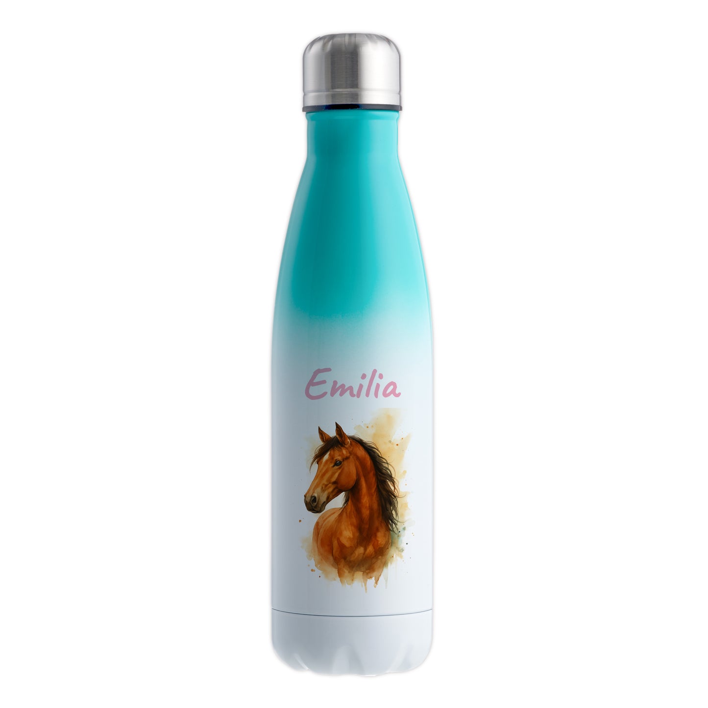 Thermoflasche 500ml in Weiß/Mint bedruckt mit tollen Motiven für Kinder "Pferd" personalisierbar mit Wunschname