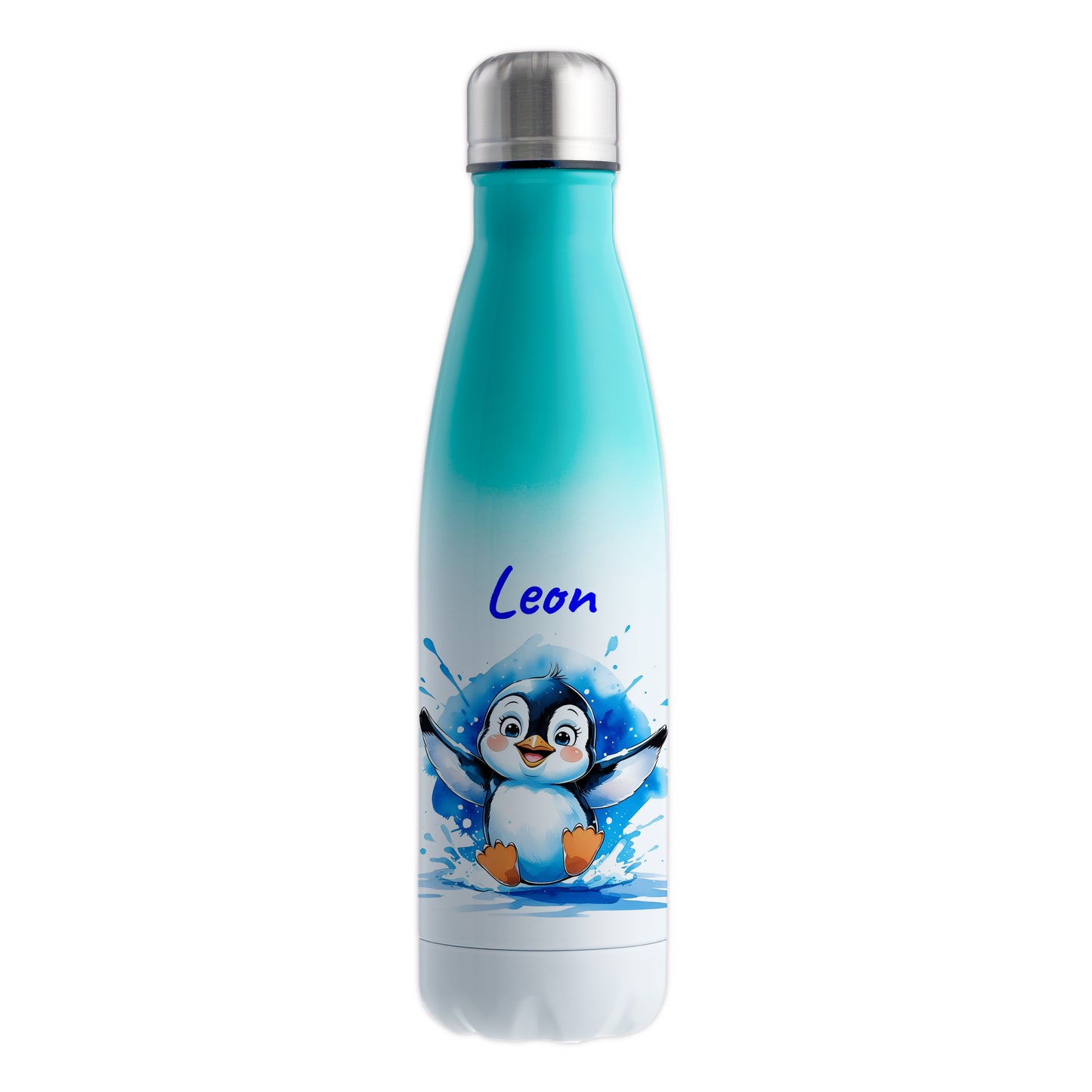 Trinkflasche in Weiß/Mint 500ml aus Edelstahl bedruckt mit niedlichen Tieren "Pinguin" personalisierbar für Kinder mit Wunschname