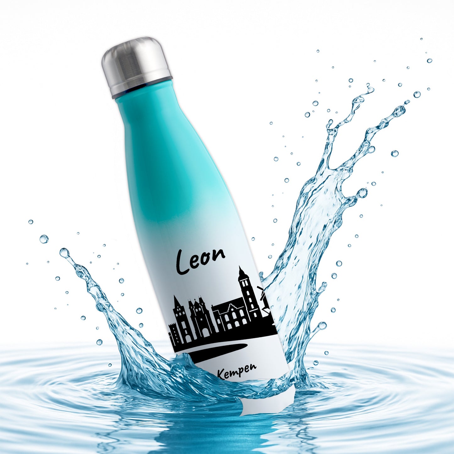 Trinkflasche in Weiß/Mint 500ml aus Edelstahl bedruckt mit der Skyline von Kempen personalisierbar mit Wunschname