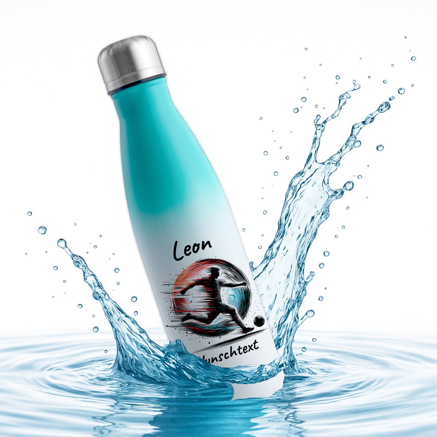 Thermoflasche 500ml in Weiß/Mint aus Edelstahl bedruckt "Fußball" Motiv3 personalisierbar mit Wunschname & Text