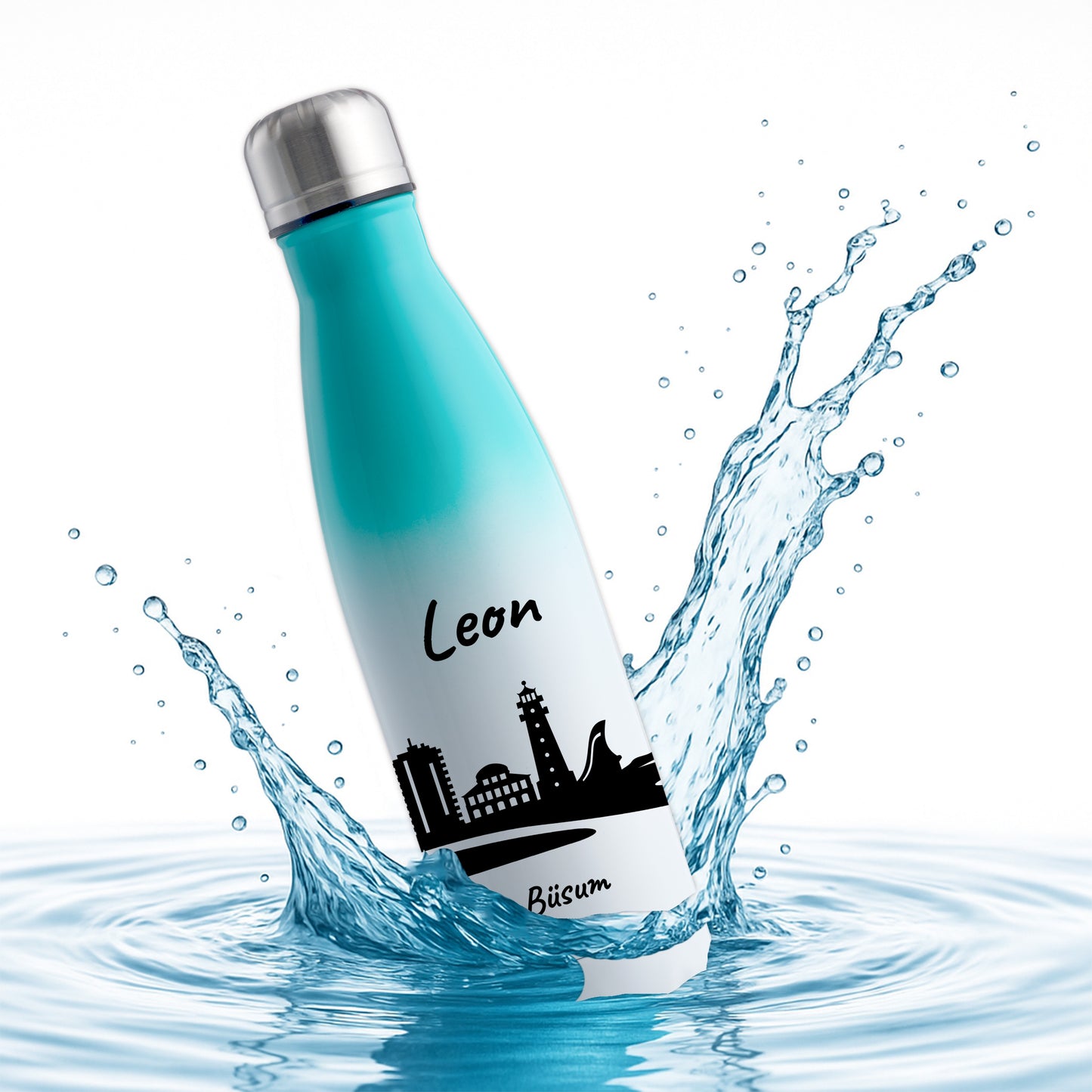 Trinkflasche in Weiß/Mint 500ml aus Edelstahl bedruckt mit der Skyline von Büsum personalisierbar mit Wunschname