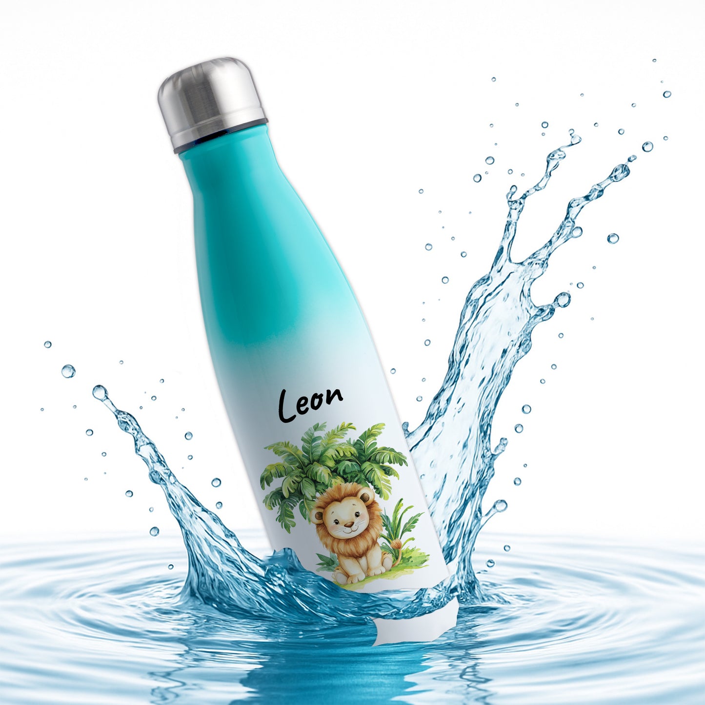 Trinkflasche mit Farbverlauf in Weiß/Mint 500ml aus Edelstahl bedruckt mit Dschungel Tieren"Löwe" personalisierbar für Kinder mit Wunschname