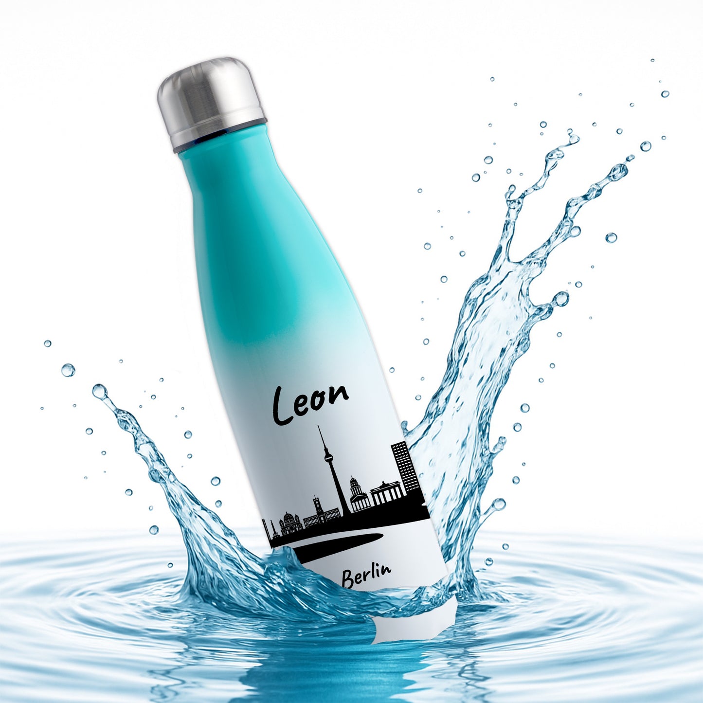 Trinkflasche in Weiß/Mint 500ml aus Edelstahl bedruckt mit der Skyline von Berlin personalisierbar mit Wunschname