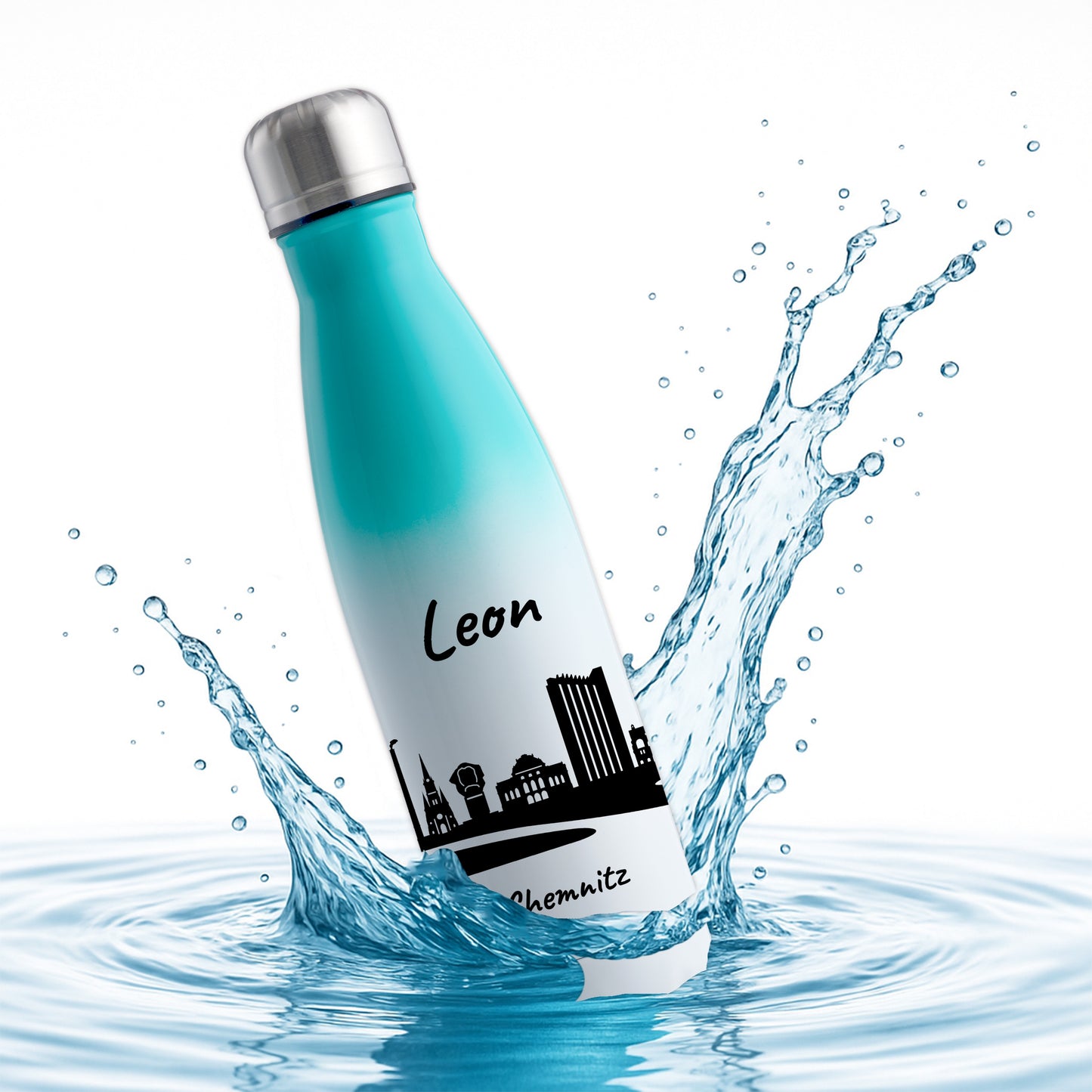 Trinkflasche in Weiß/Mint 500ml aus Edelstahl bedruckt mit der Skyline von Chemnitz personalisierbar mit Wunschname