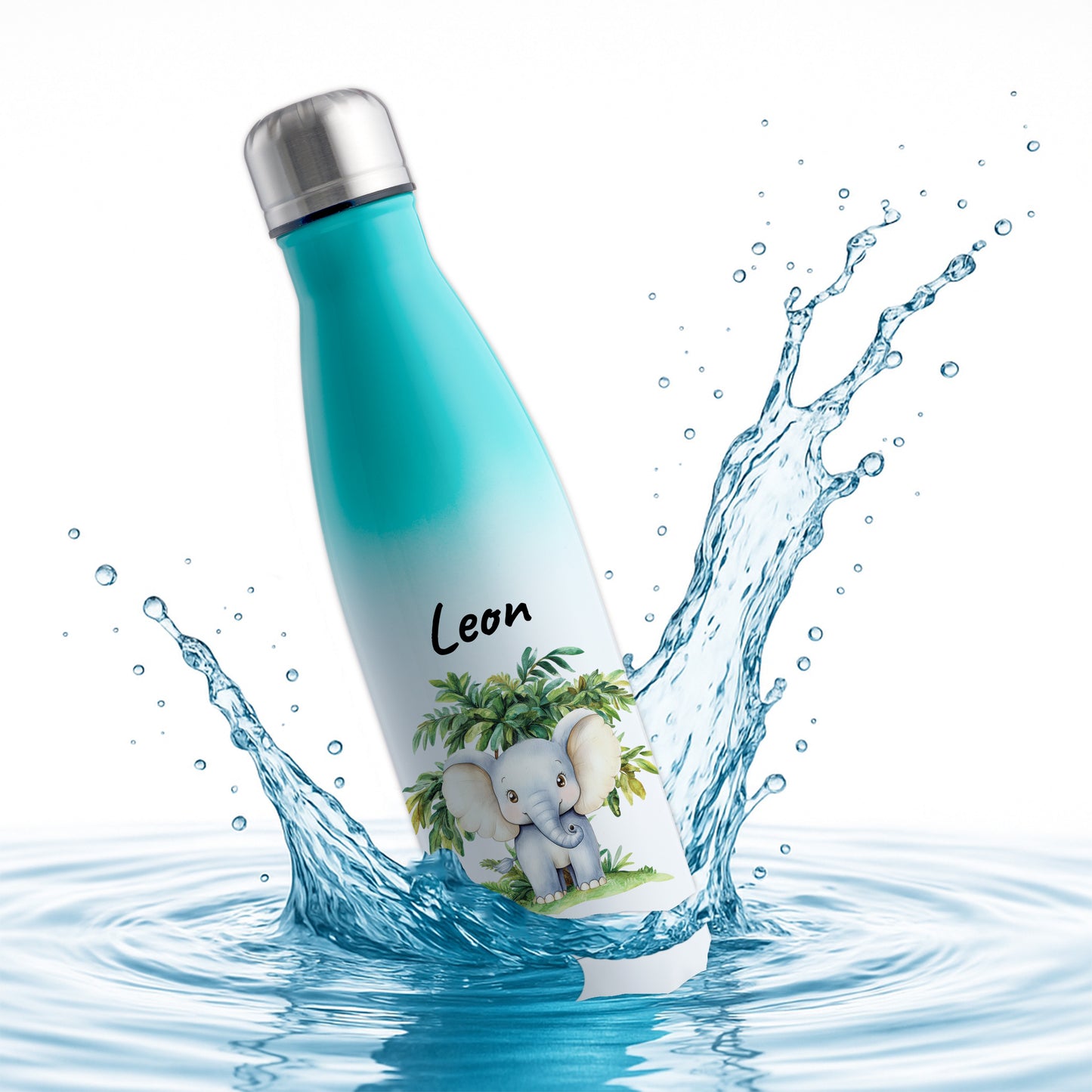 Trinkflasche mit Farbverlauf in Weiß/Mint 500ml aus Edelstahl bedruckt mit Dschungel Tieren"Elefant" personalisierbar für Kinder mit Wunschname