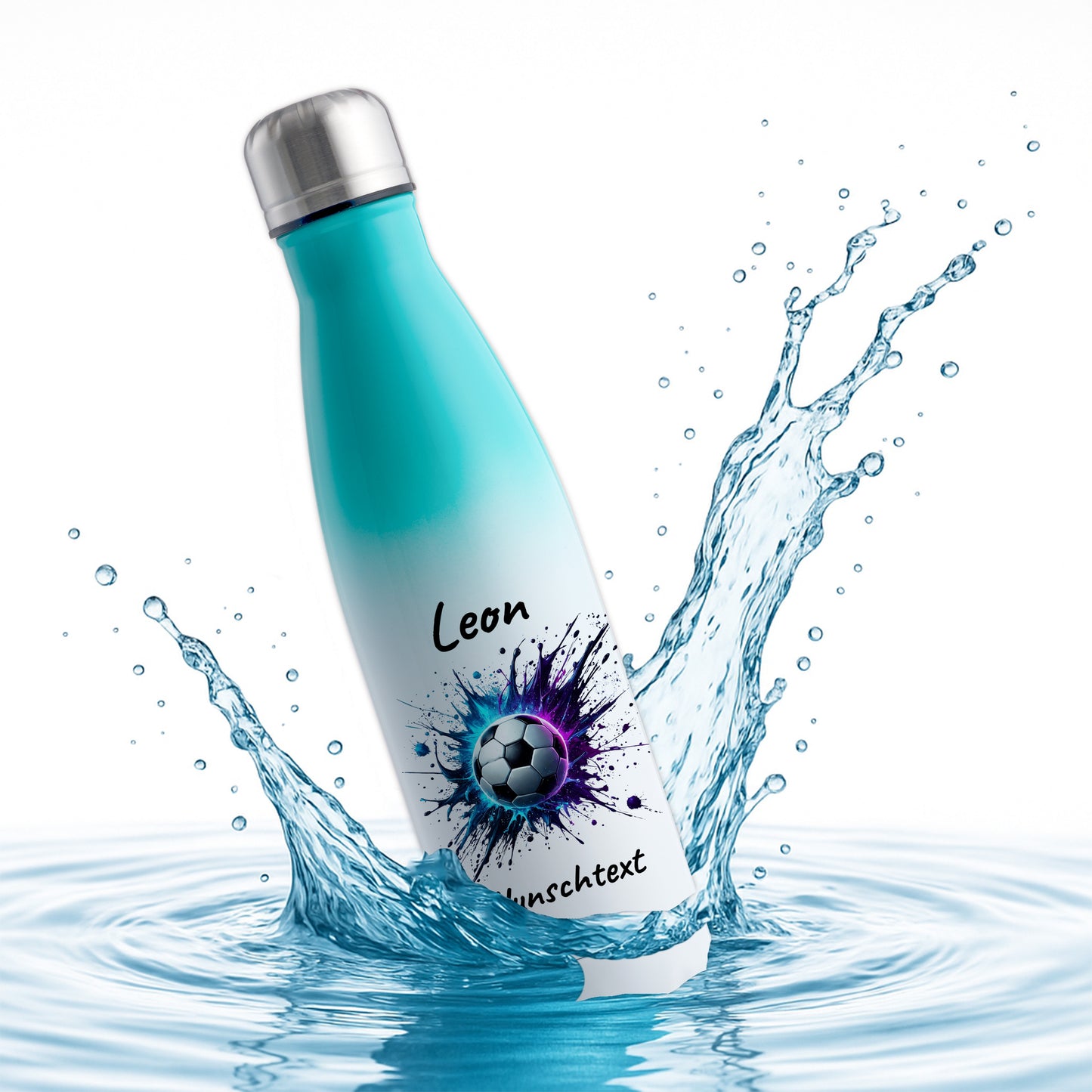 Thermoflasche 500ml in Weiß/Mint aus Edelstahl bedruckt "Fußball" Motiv10 personalisierbar mit Wunschname & Text