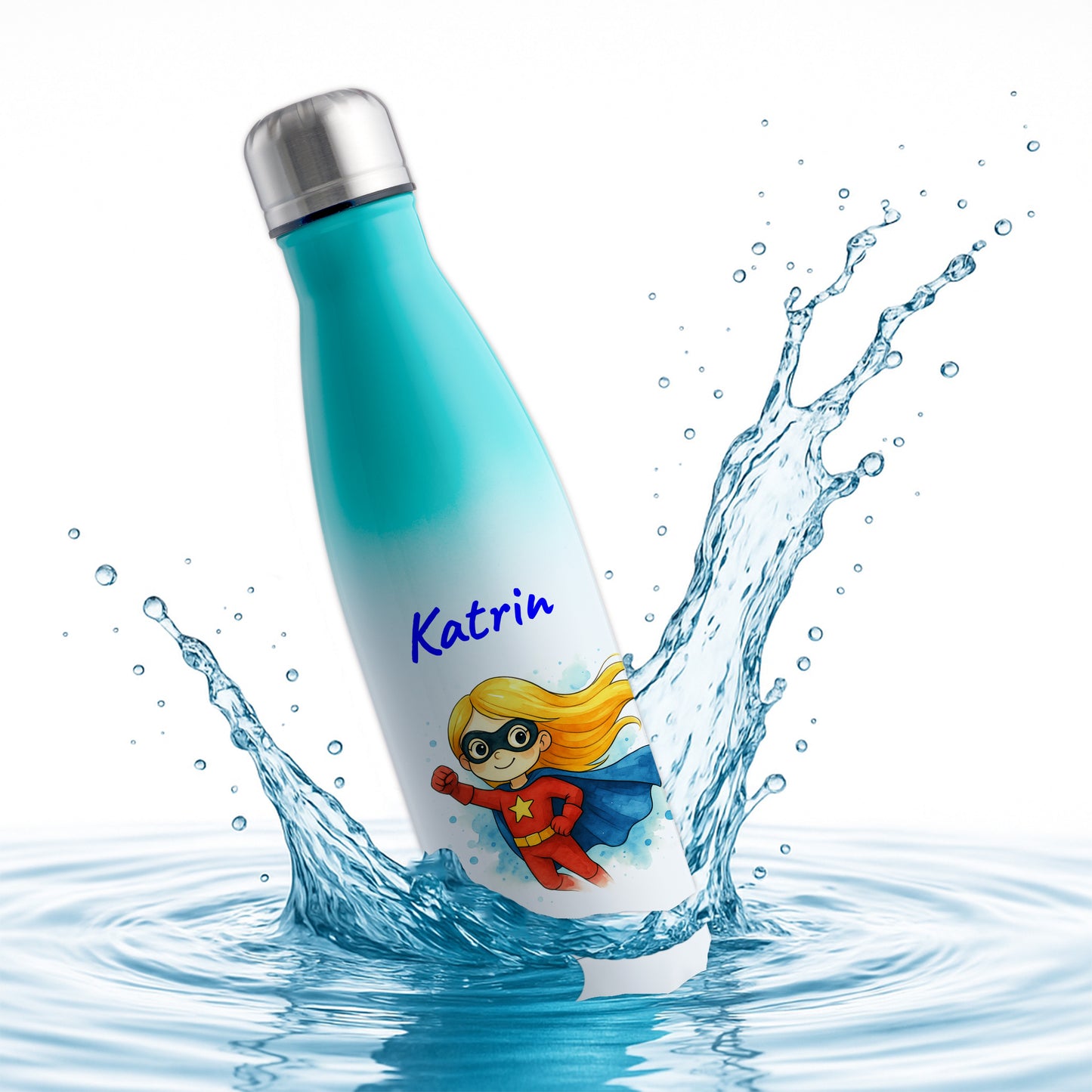 Thermoflasche 500ml in Weiß/Mint bedruckt mit tollen Motiven für Kinder "Superheldin" personalisierbar mit Wunschname