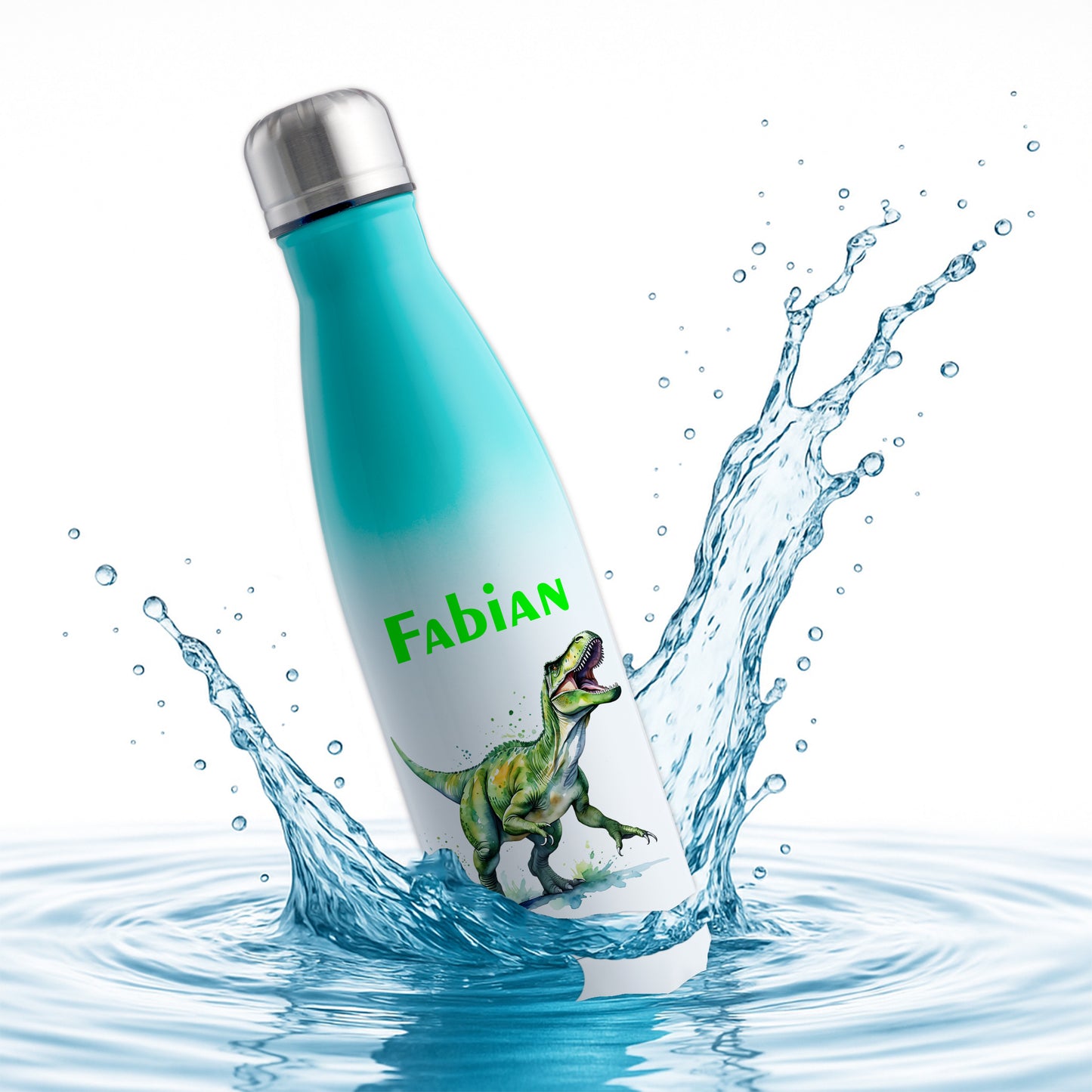 Thermoflasche 500ml in Weiß/Mint bedruckt mit tollen Motiven für Kinder "Dino T-Rex" personalisierbar mit Wunschname